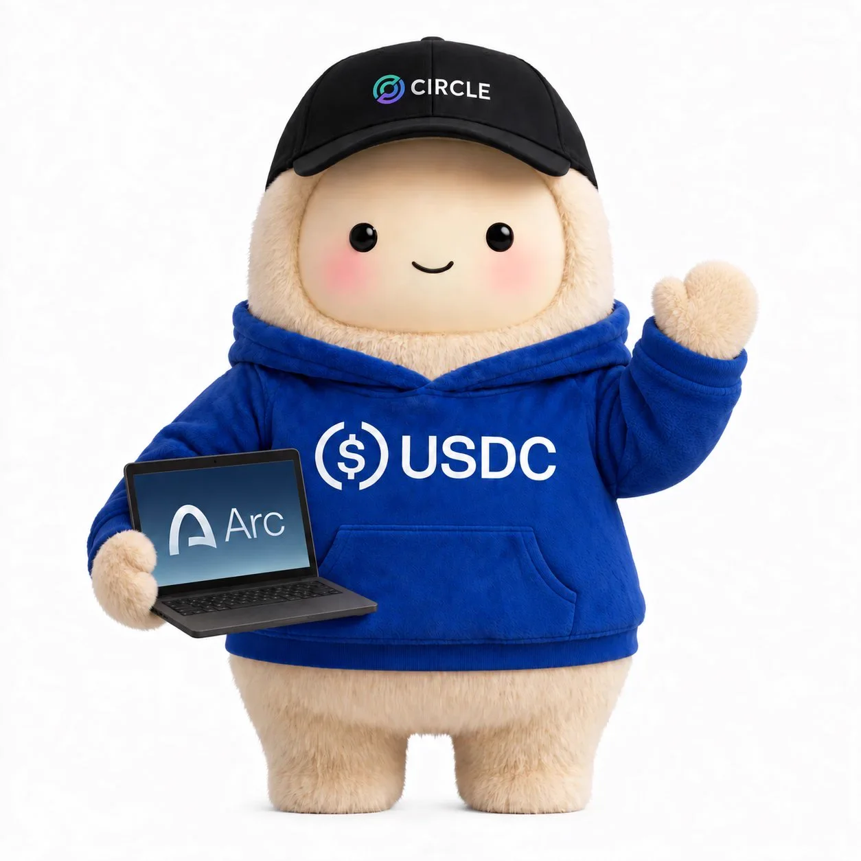 Announcement art from Circle's Agent Stack post: a fluffy mascot character in a Circle cap and USDC hoodie, holding a laptop showing the Arc logo