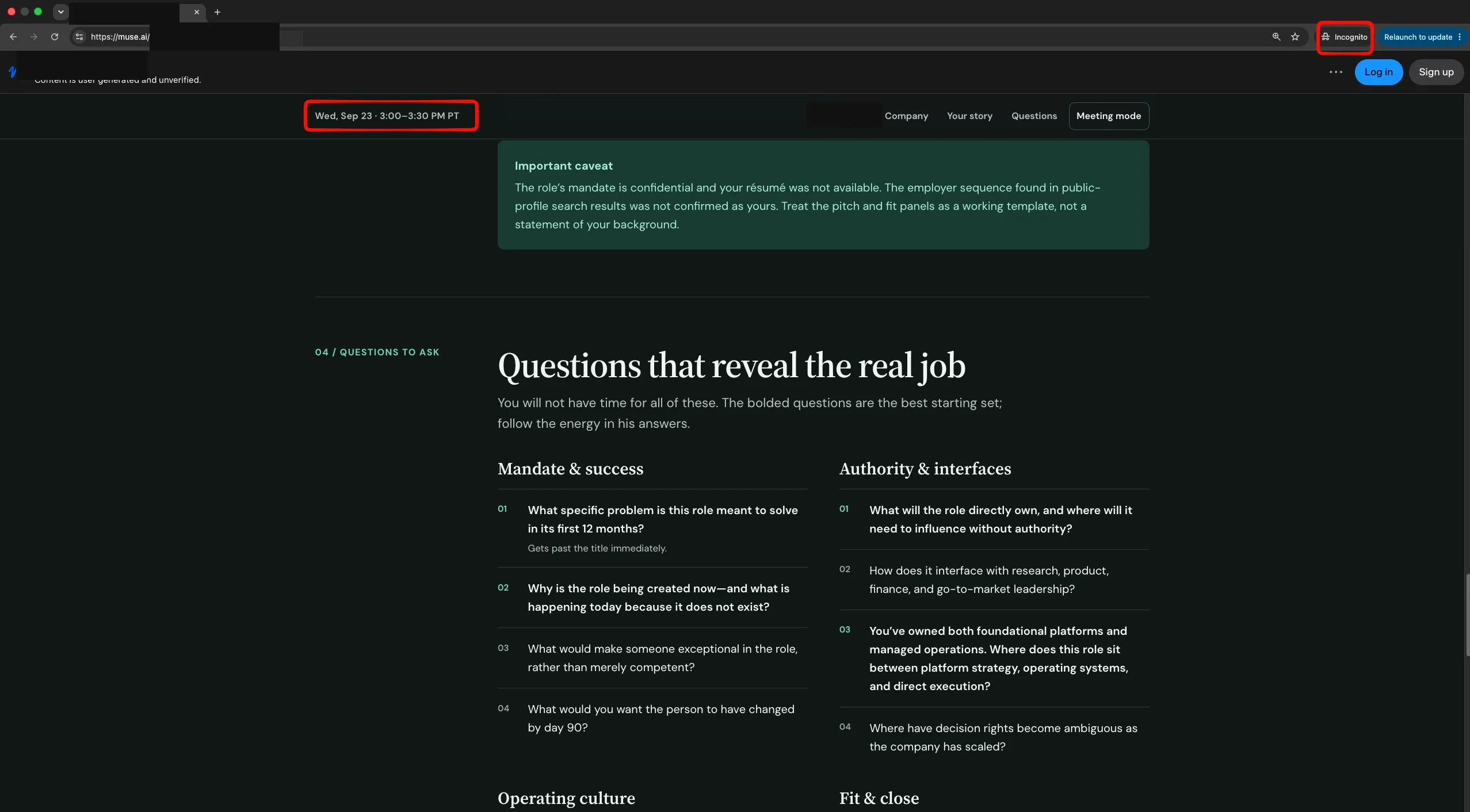 Claroc’s GhostShares writeup shows a redacted shared Muse chat opened in an incognito window, with the share title, address bar, and identifying labels blacked out by the firm. Credit: Claroc.