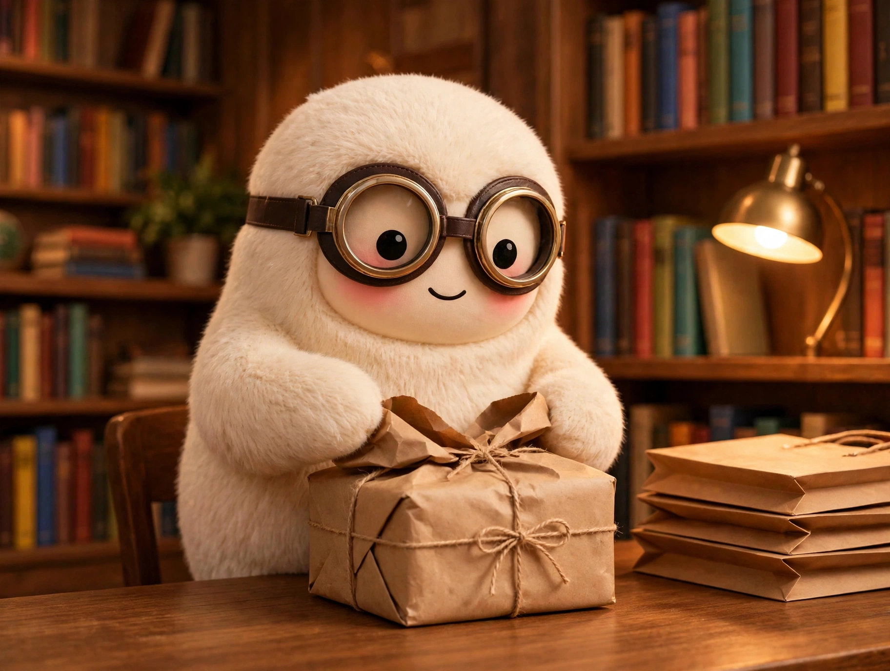Jolly the cream-furred creature in a warm library study, opening a parcel tied with string beside a stack of brown shopping bags, soft-3D, warm cinematic lighting, no text