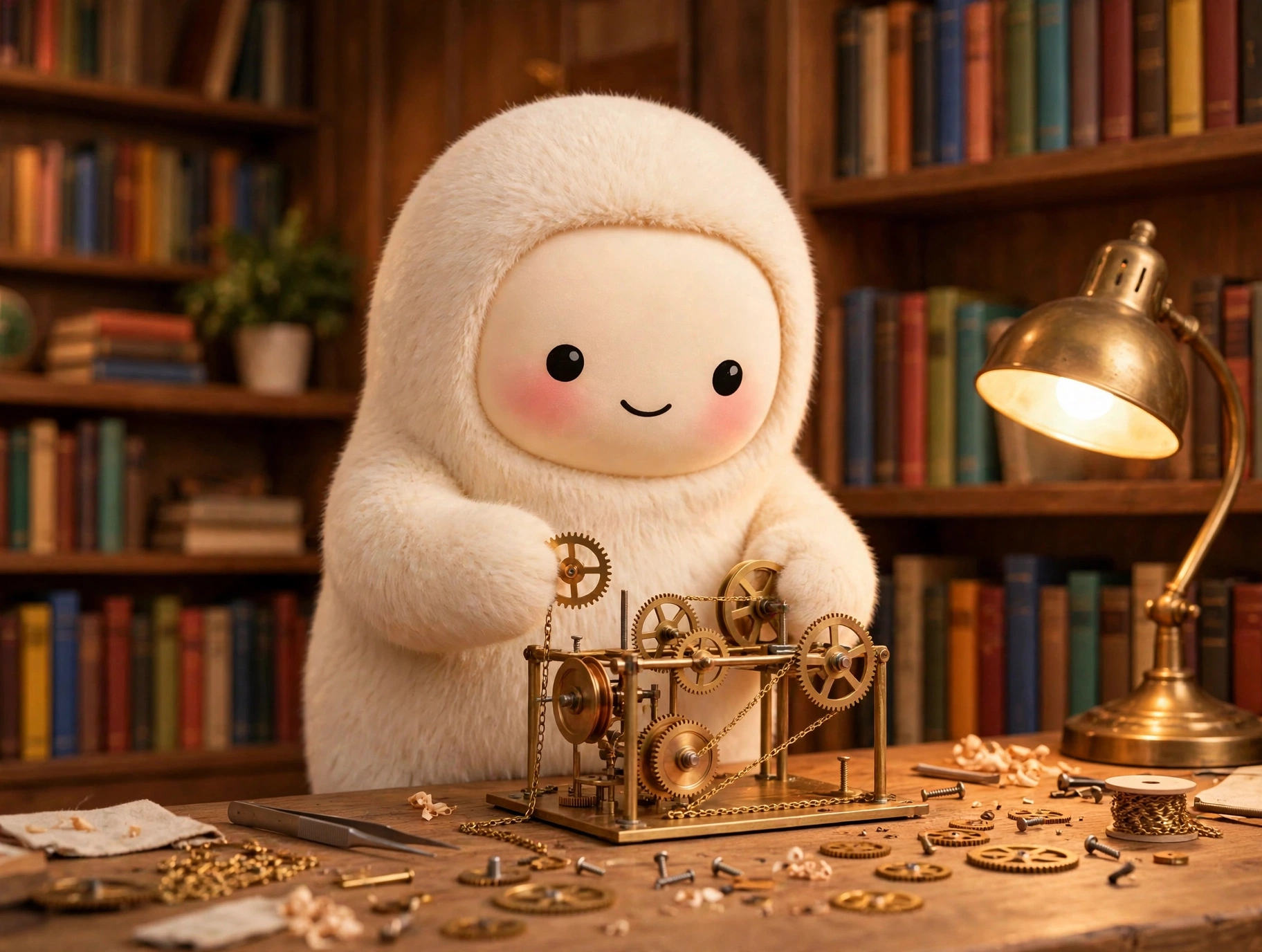 Jolly the cream-furred creature in a warm library study, assembling a brass contraption of gears and pulleys on a wooden desk, soft-3D, warm cinematic lighting, no text