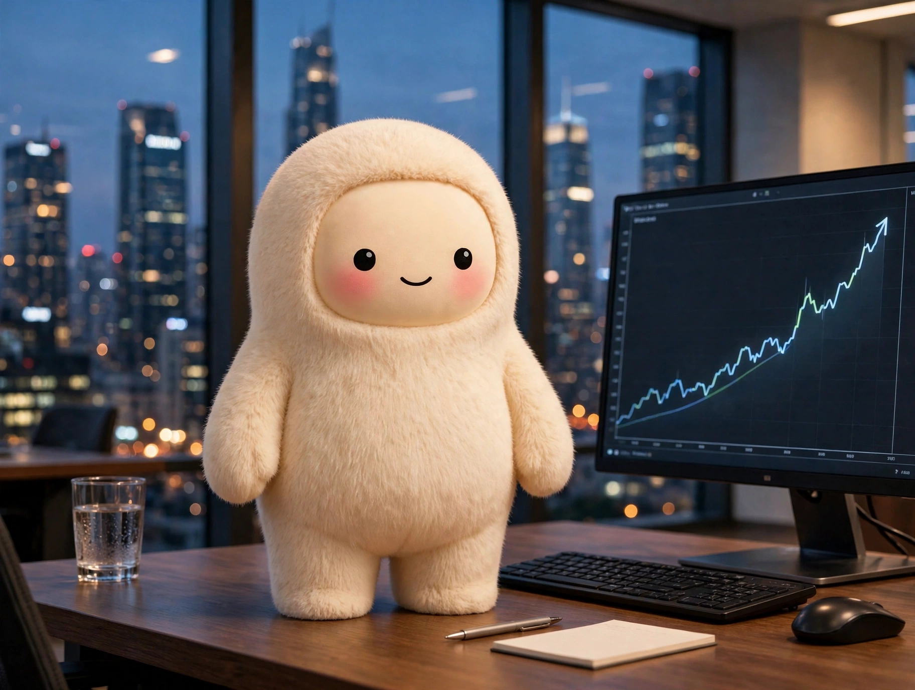Jolly standing at a trading desk beside a monitor showing a rising downloads chart, city financial district visible through the window