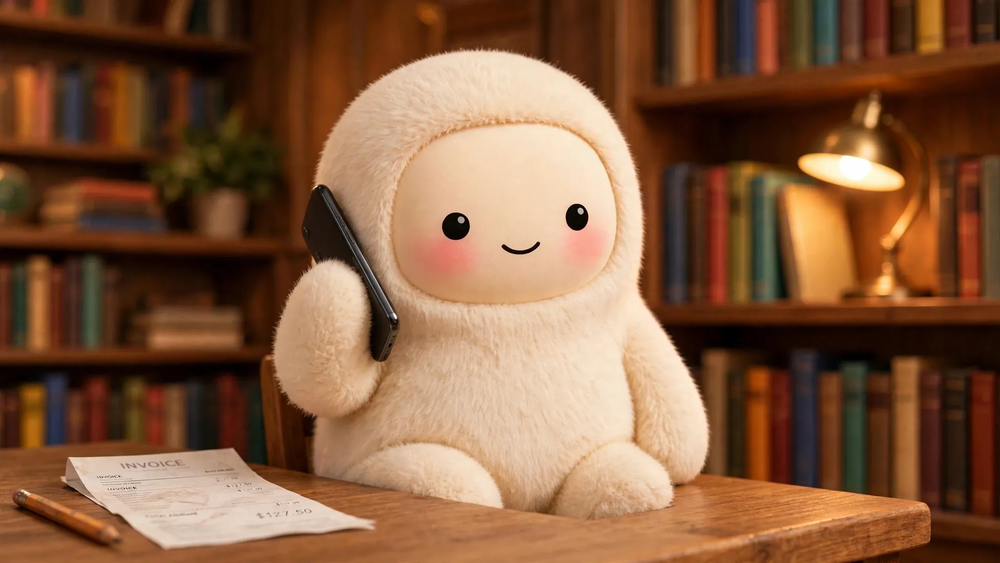 Jolly holding a smartphone to its ear on a call, with an invoice and pencil on the desk
