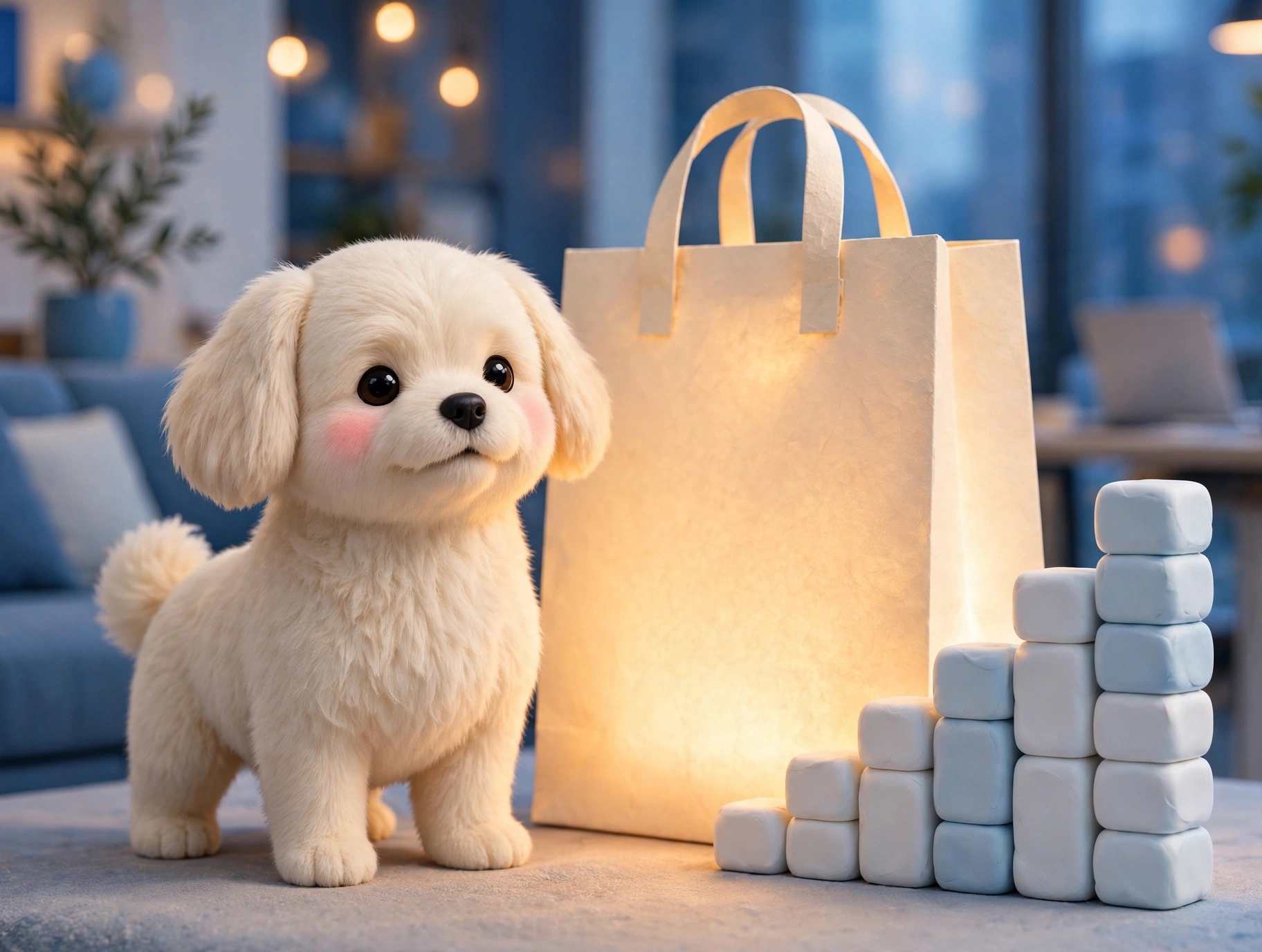 Jolly standing beside a glowing shopping bag and a rising bar chart made of clay blocks
