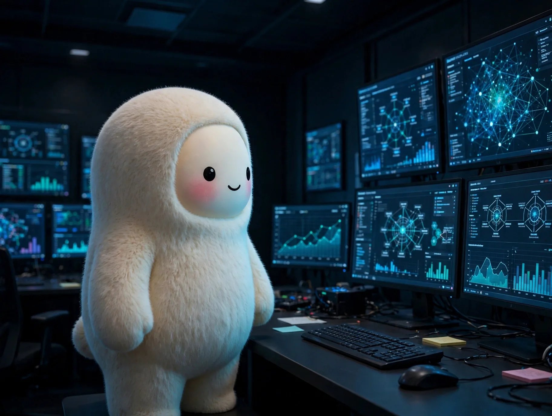 Jolly the plush mascot standing beside a large glowing globe of network traffic with browser windows and data streams, warm cinematic light