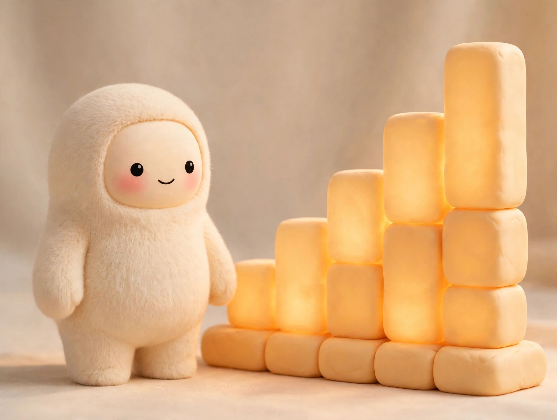 Jolly standing beside a glowing bar chart of soft clay blocks rising upward