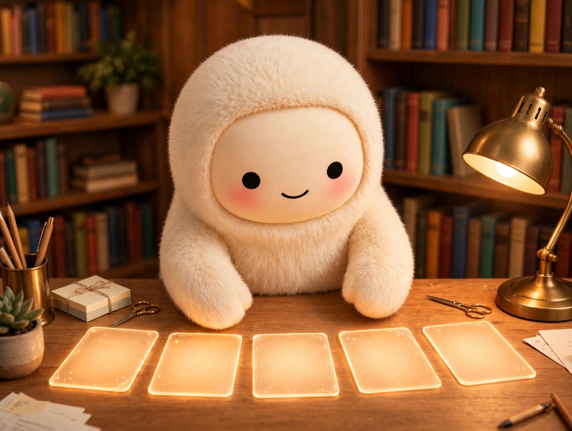 Jolly organizing a set of glowing task cards at a tidy desk