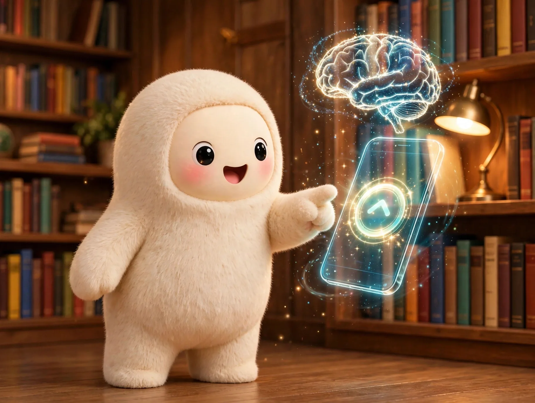 Jolly the dog tapping a glowing upgrade button on a phone screen, with a subtle shimmering brain icon above it