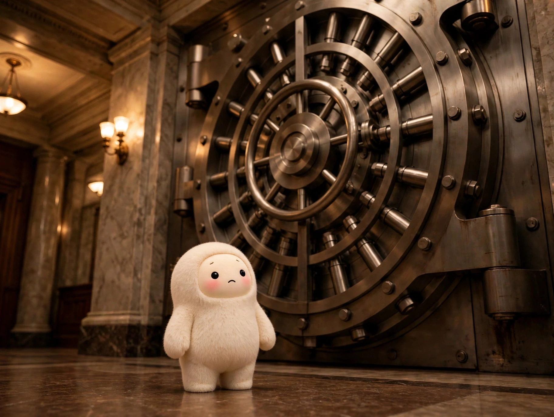 Jolly the plush mascot standing before a giant closed bank vault door, looking up at it