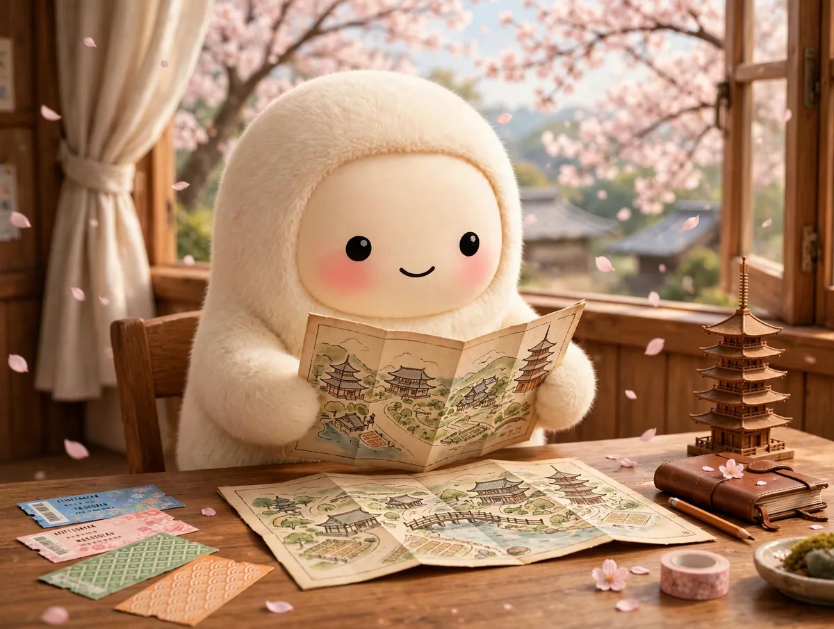 Jolly the cream-furred creature holding a paper map of Kyoto's temple district at a wooden travel desk, surrounded by rail passes, a small pagoda model, and cherry blossom petals on the breeze