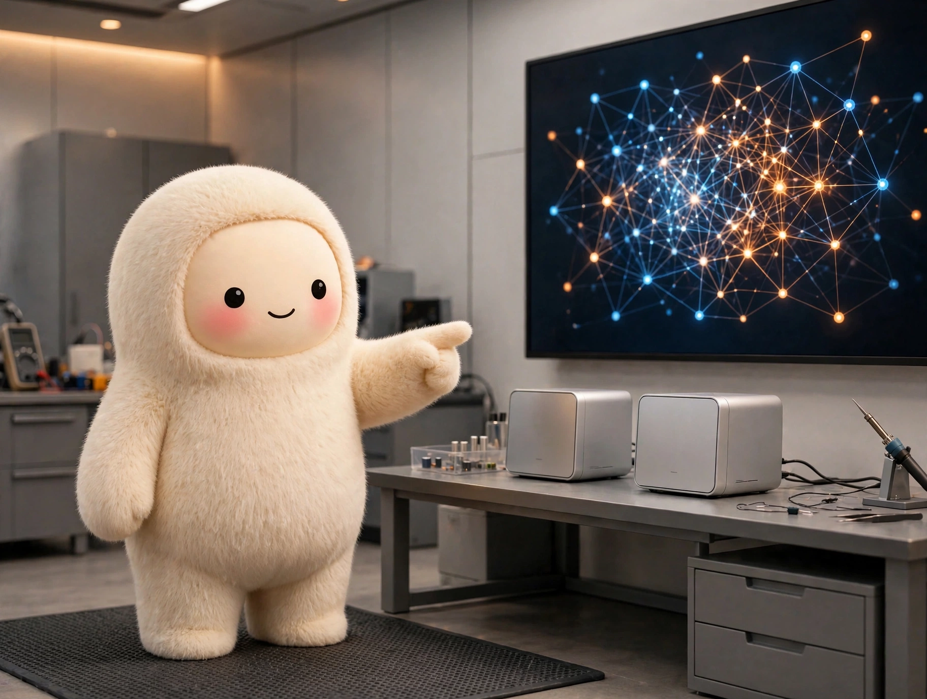 Jolly the plush mascot standing in a hardware lab pointing at two silver desktop boxes on a workbench, neural-network display on the wall