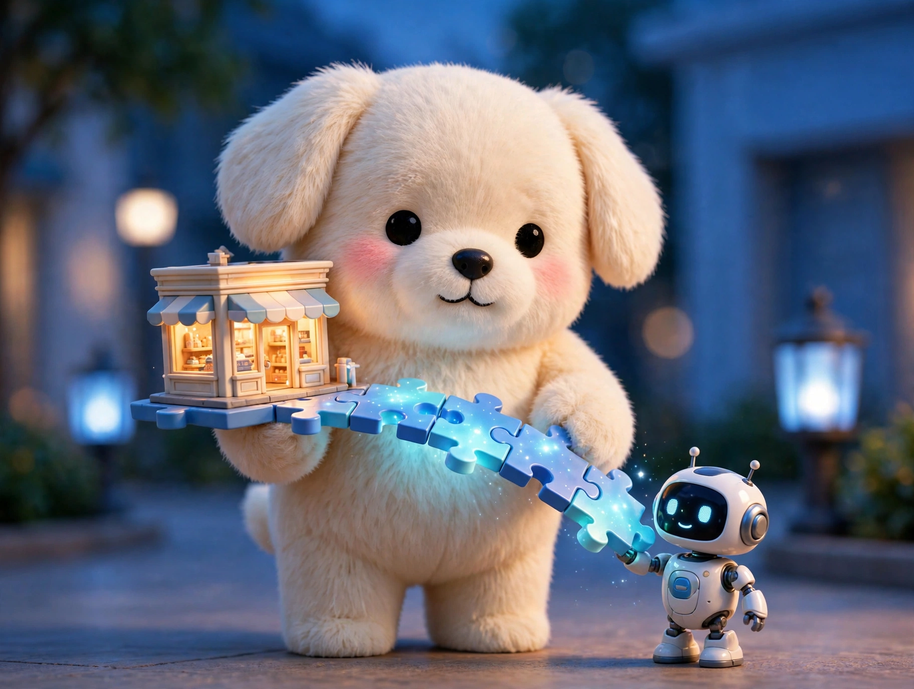 Jolly holding a bridge of glowing puzzle pieces connecting a tiny storefront to a small robot