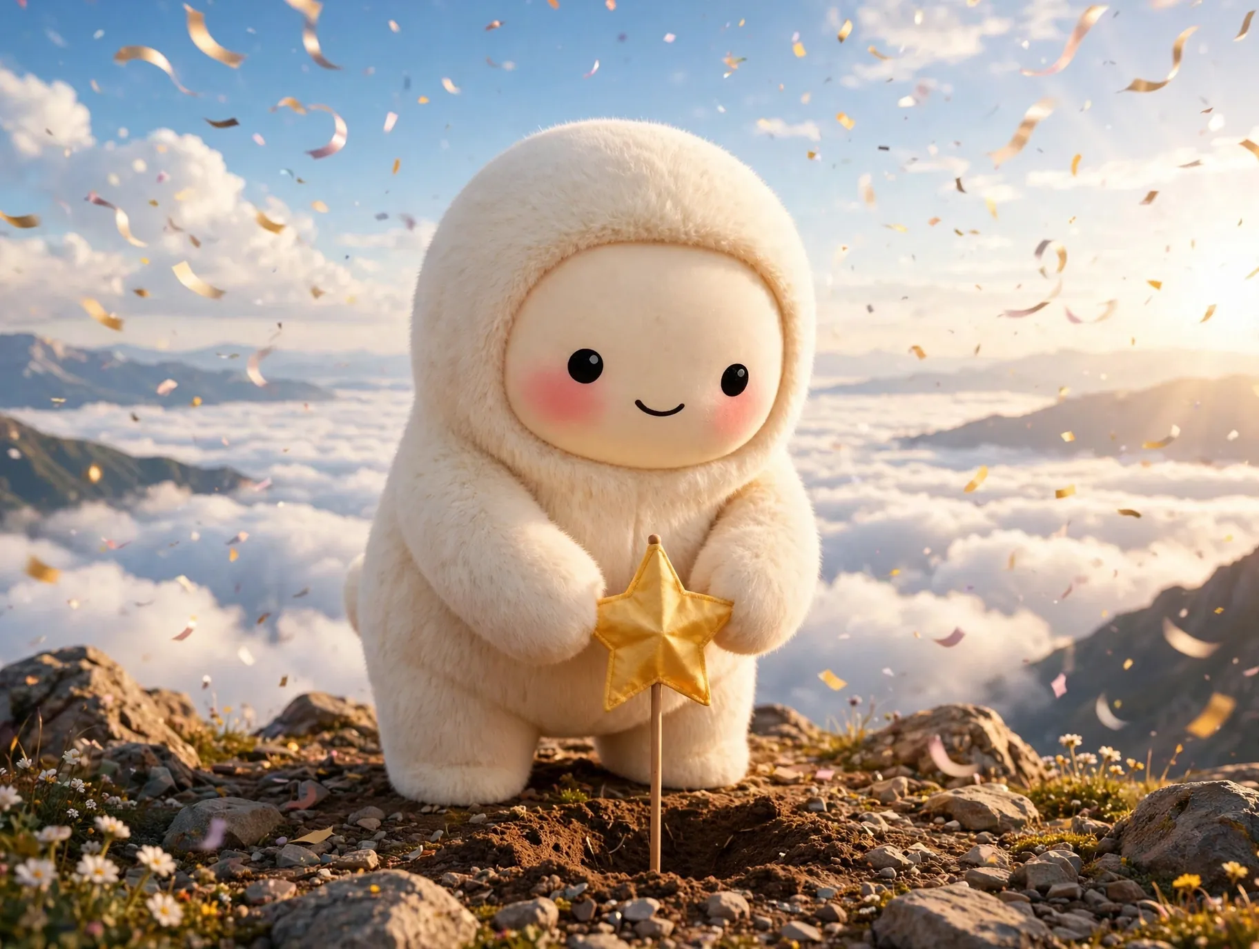 Jolly the cream-furred creature planting a star flag on a mountain summit above a sea of clouds, confetti in the sky