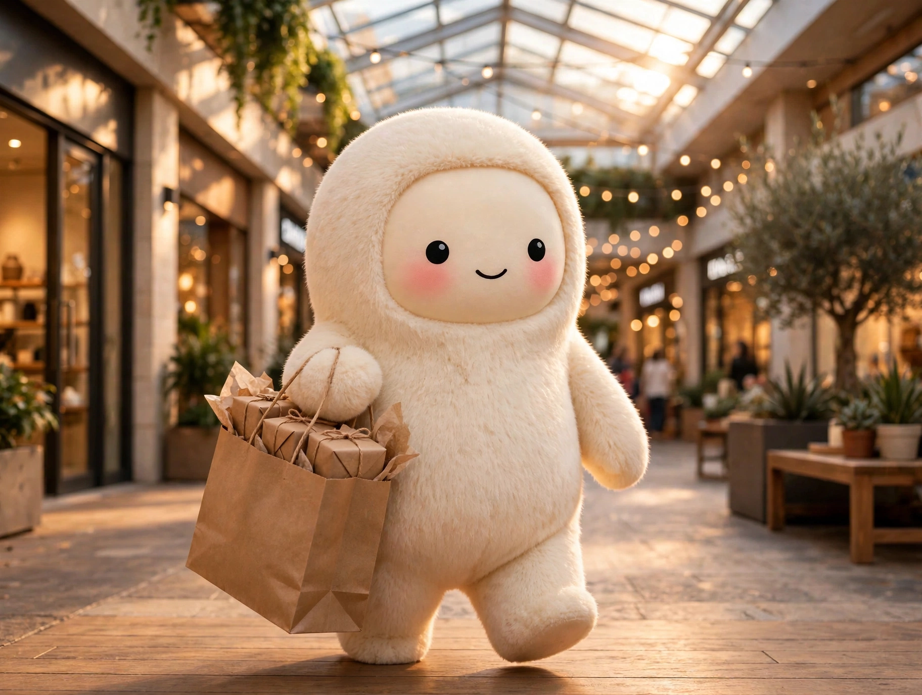 Jolly the cream-furred creature walking with a shopping bag of parcels down a sunlit indoor shopping concourse with storefront windows and string lights