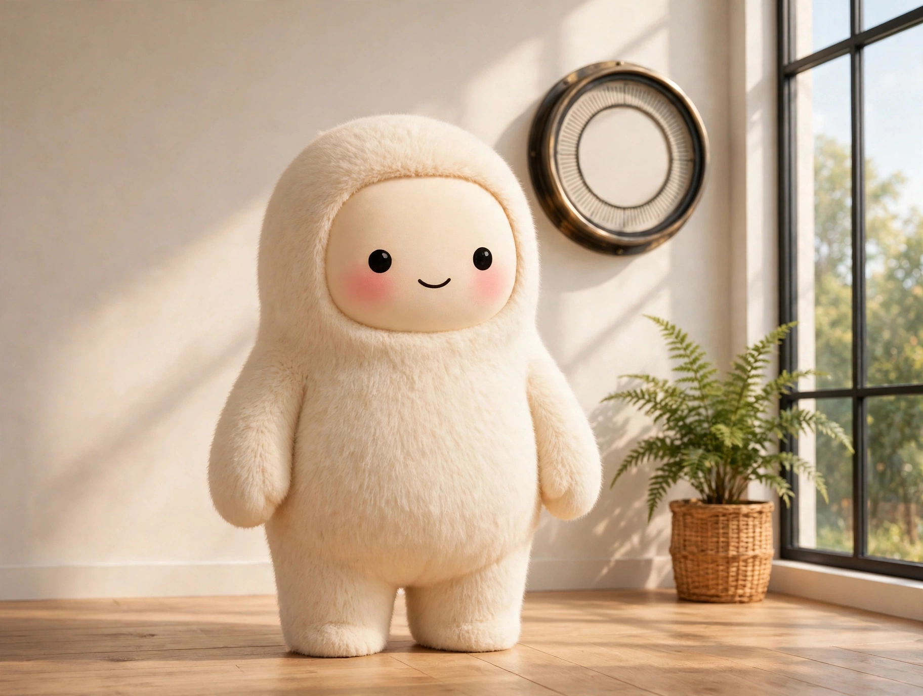 Jolly the plush mascot standing in a bright studio beside a large empty ring gauge on the wall, fern and window light
