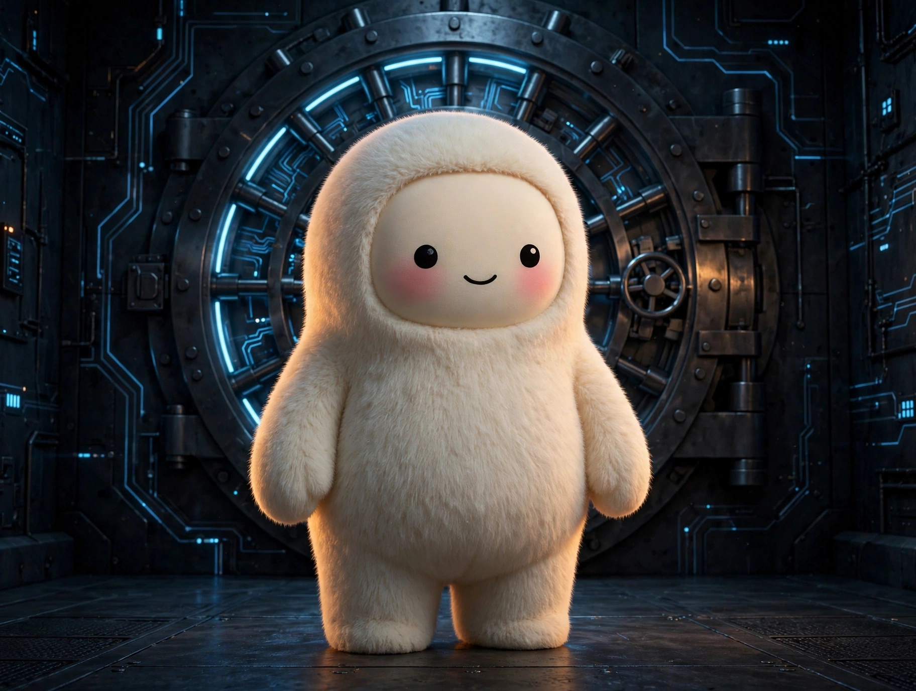 Jolly the plush mascot standing in a dark high-security data vault chamber, a massive circular steel vault door glowing with blue encryption light behind it