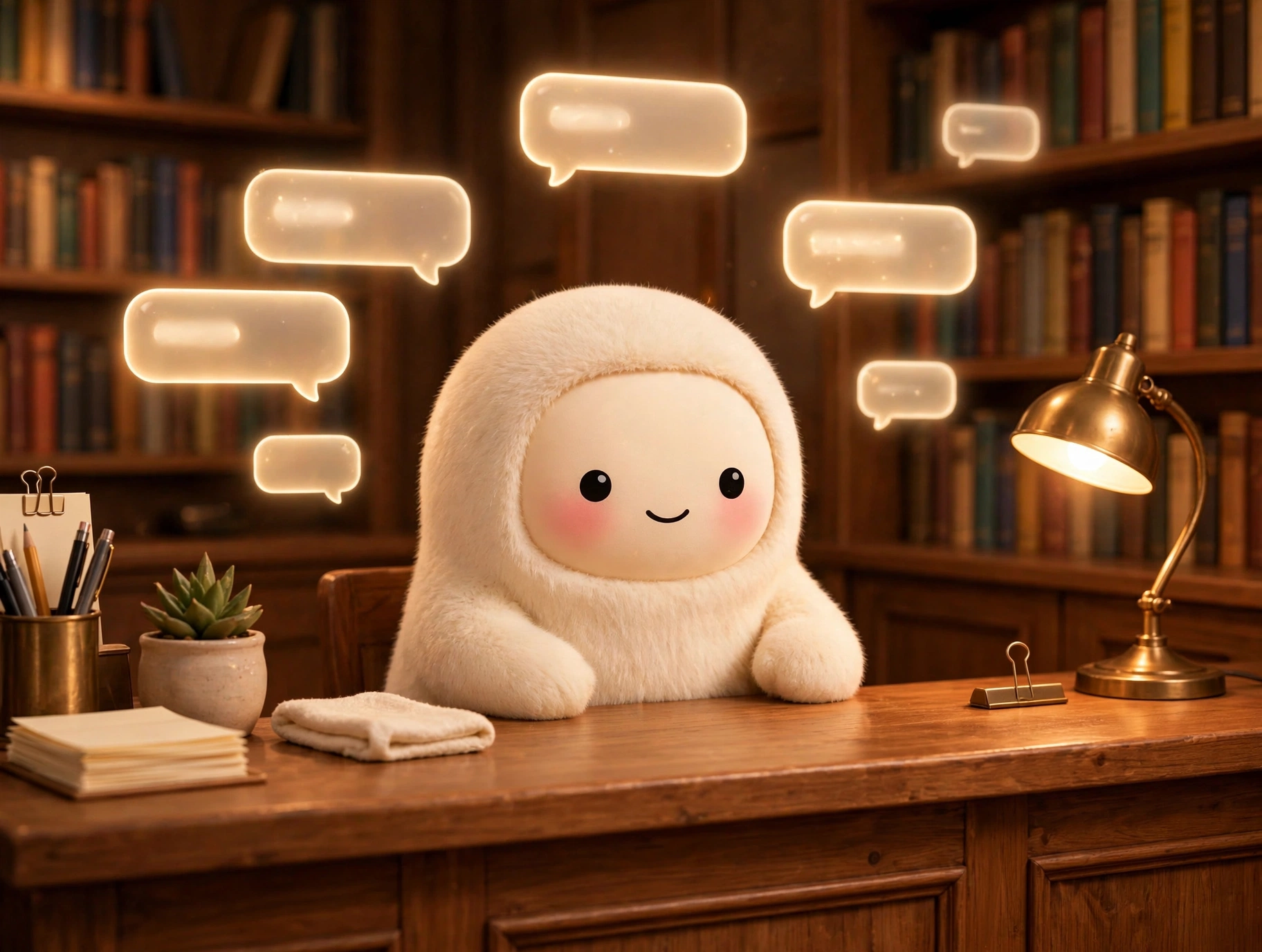 Jolly the cream-furred creature working a warm-lit service counter with glowing chat bubbles floating above, soft-3D, no text
