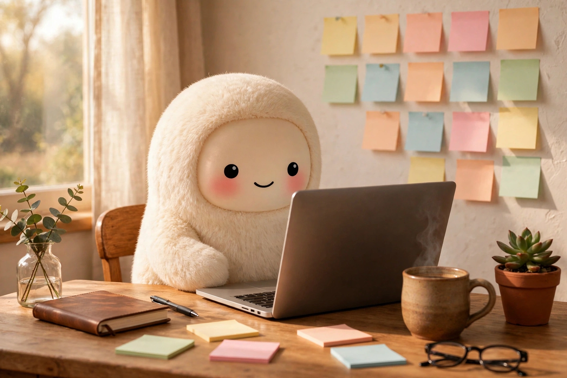 Jolly the cream-furred creature at a small founder's desk with a laptop, a wall of sticky notes, and a coffee mug, warm morning light, soft-3D, no text