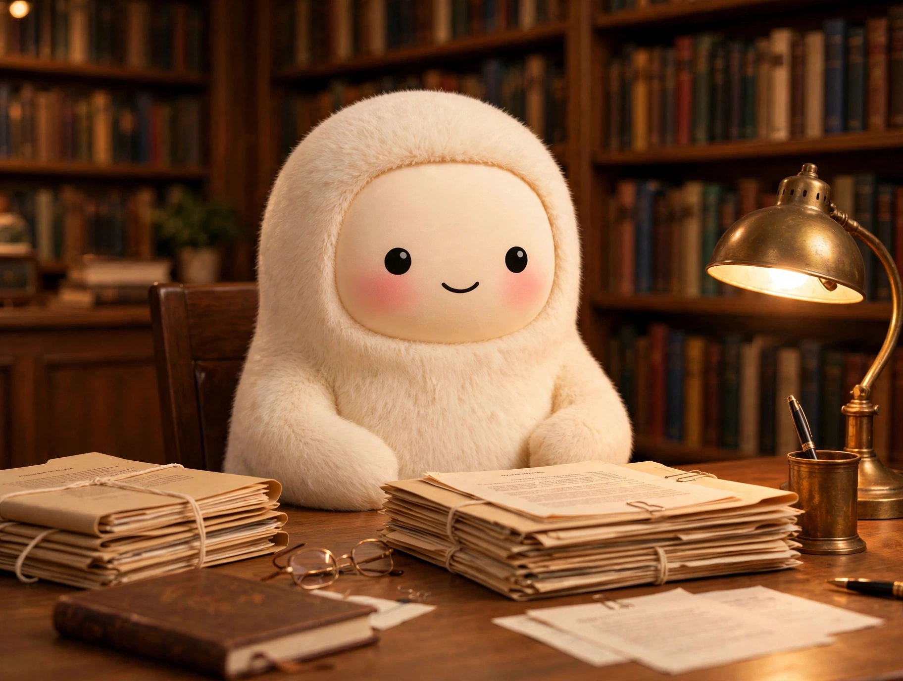 Jolly the cream-furred creature at a warm-lit law library desk with stacked contract folders and a reading lamp, soft-3D, no text