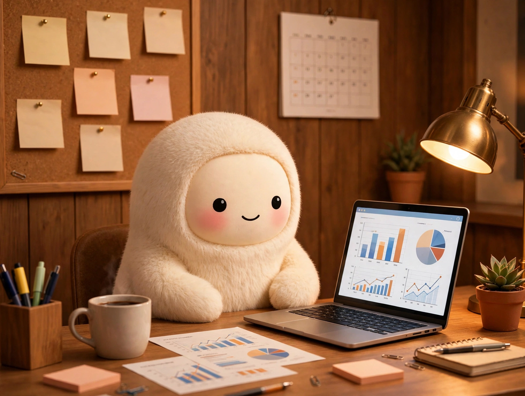 Jolly the cream-furred creature at a warm-lit marketing desk with campaign notes, a calendar, and a laptop, soft-3D, warm cinematic lighting, no text