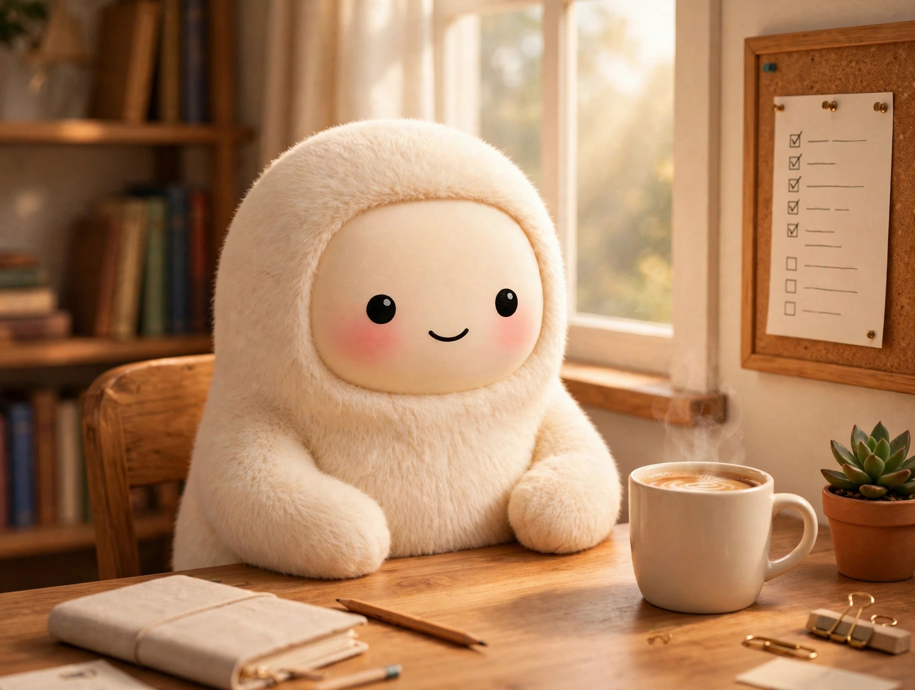 Jolly the cream-furred creature at a tidy desk with a mug and a pinned-up priority list, soft morning light through a window