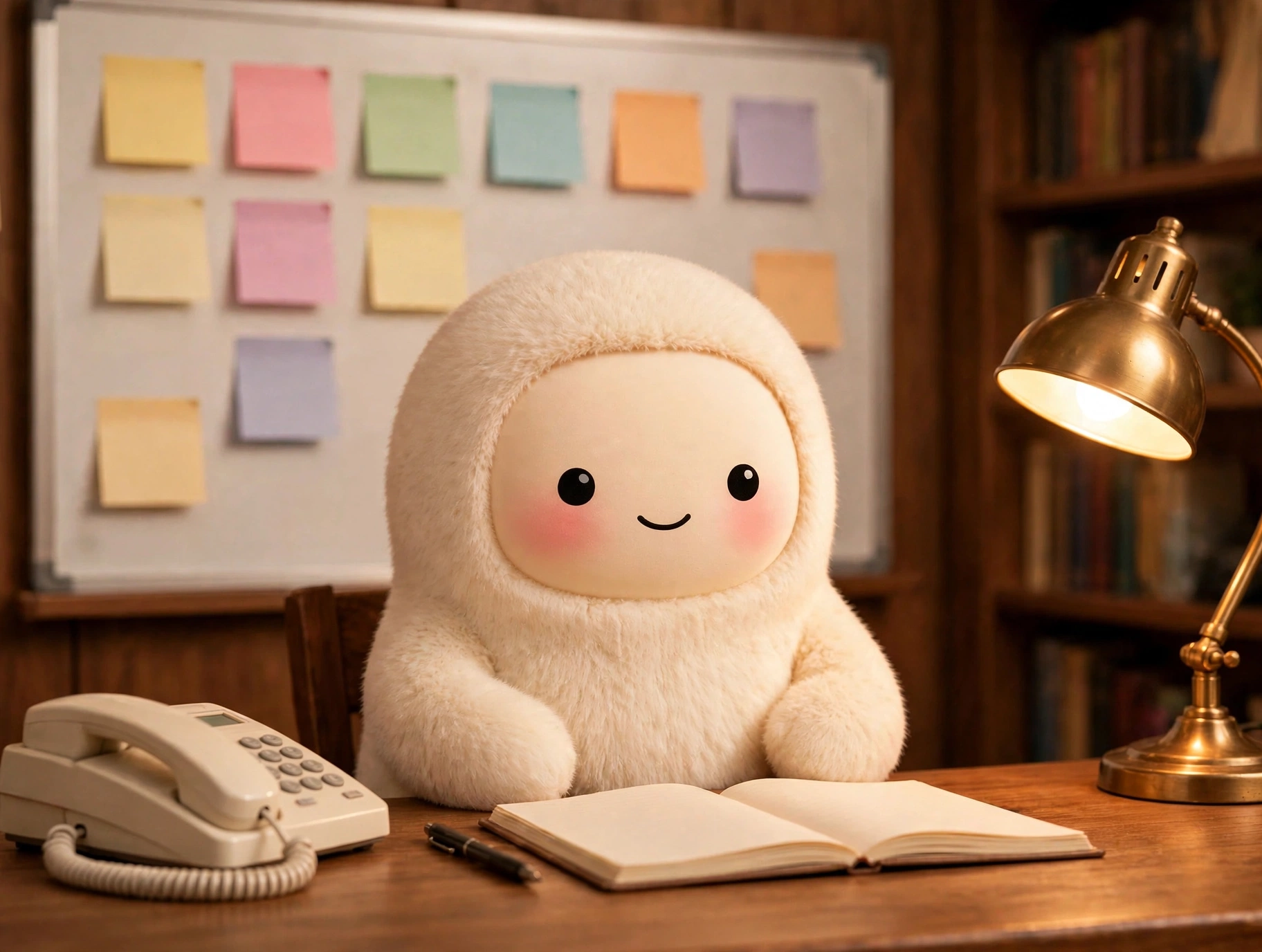 Jolly the cream-furred creature at a warm-lit sales desk with a whiteboard of prospect notes behind it, soft-3D, no text