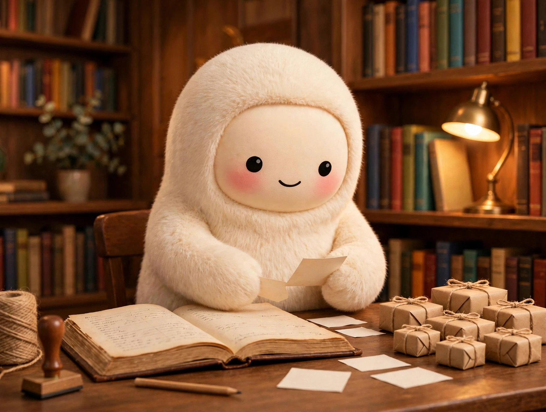 Jolly the cream-furred creature in a warm library study, sorting shop orders and a ledger on a wooden desk, soft-3D, warm cinematic lighting, no text