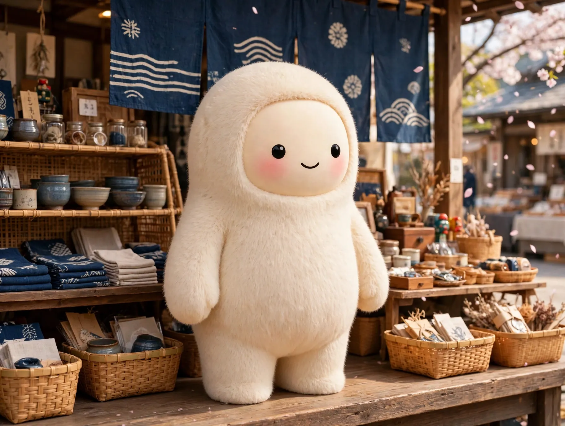 Jolly the cream-furred creature browsing a bright Japanese secondhand market stall with shelves of goods and shopping bags, cherry blossom branches overhead