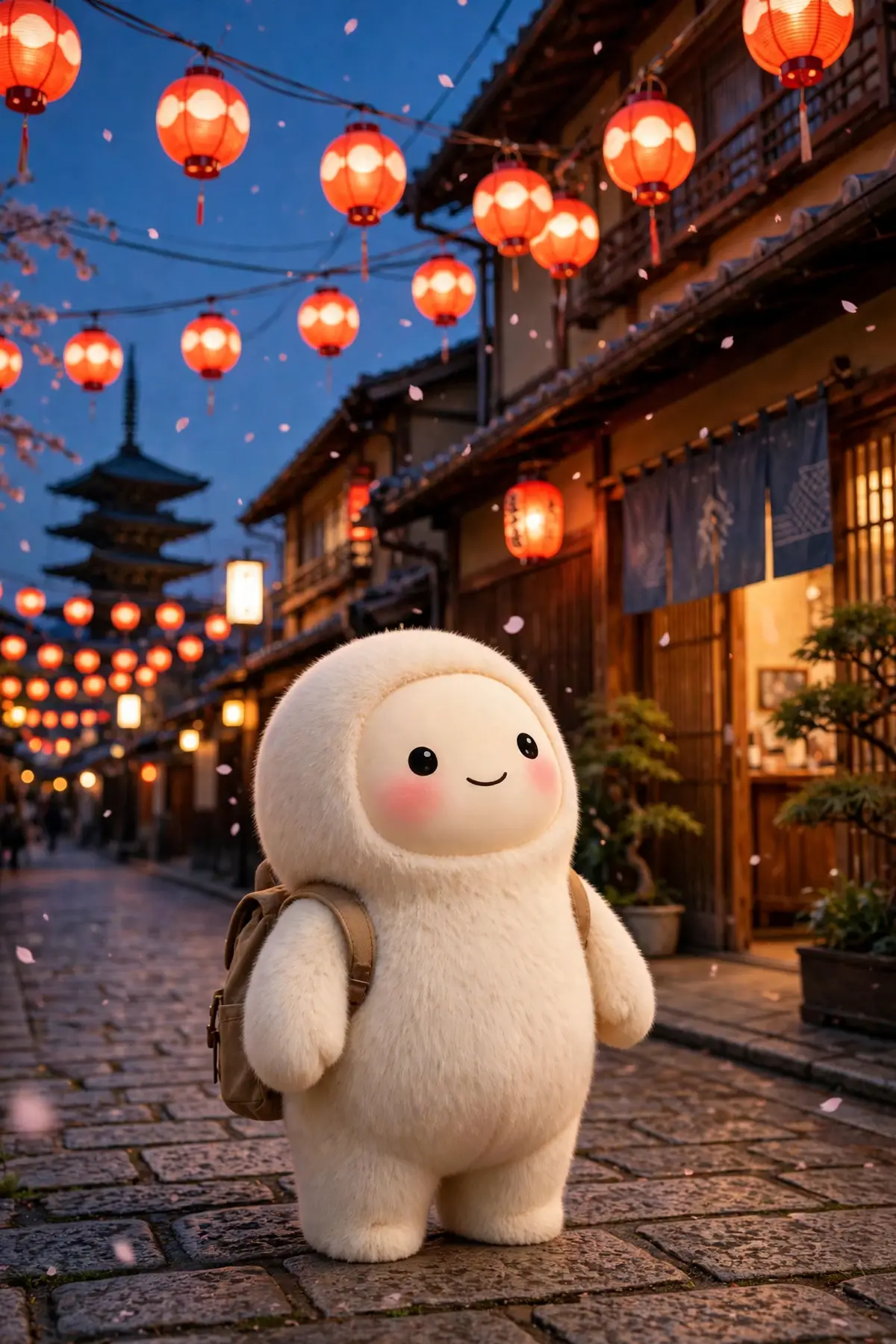 Jolly the cream-furred creature standing on a lantern-lit Kyoto street at dusk, glowing red paper lanterns overhead and cherry blossom petals drifting
