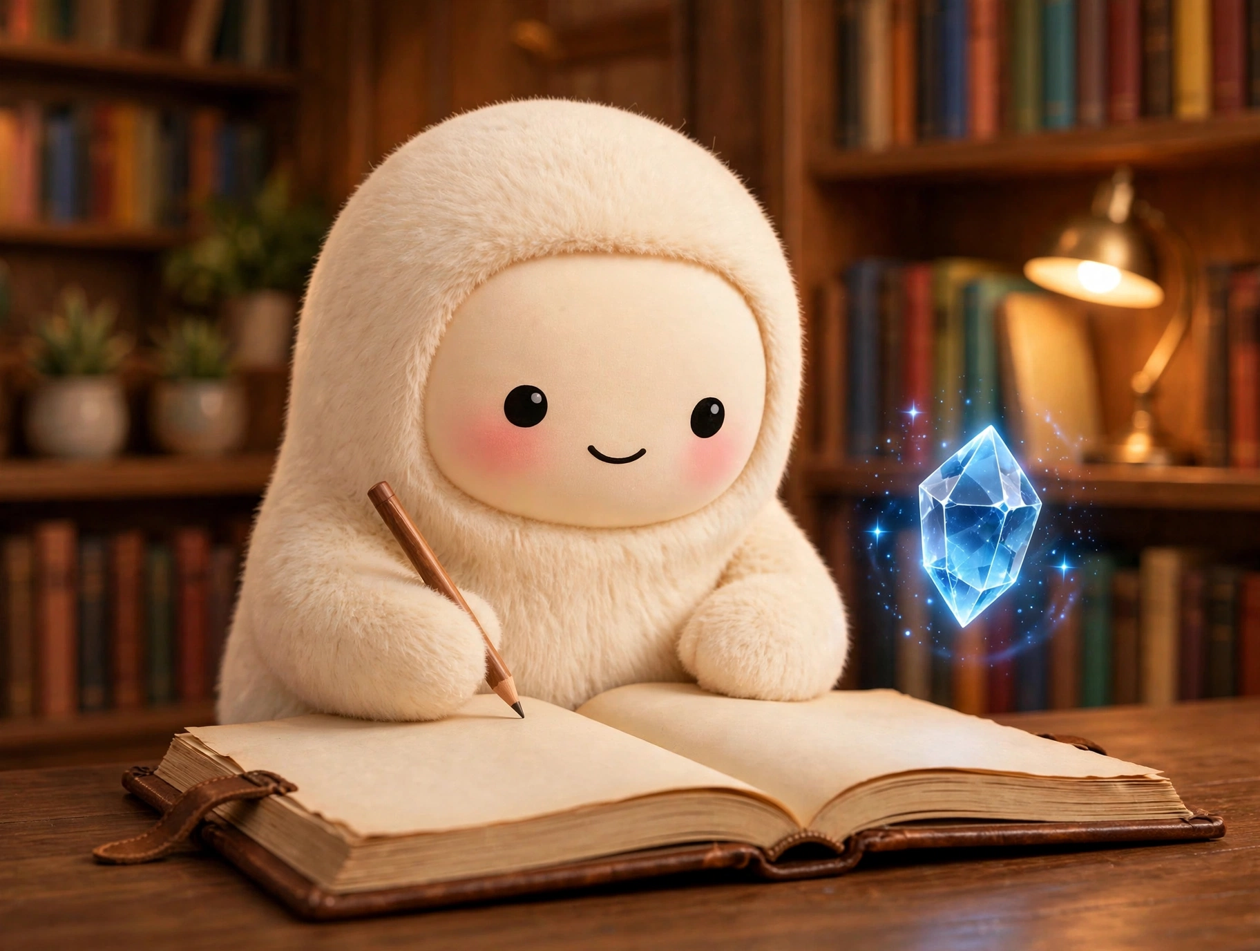 Jolly the cream-furred creature writing in a large leather-bound journal, with a glowing memory crystal beside it, in a warm library