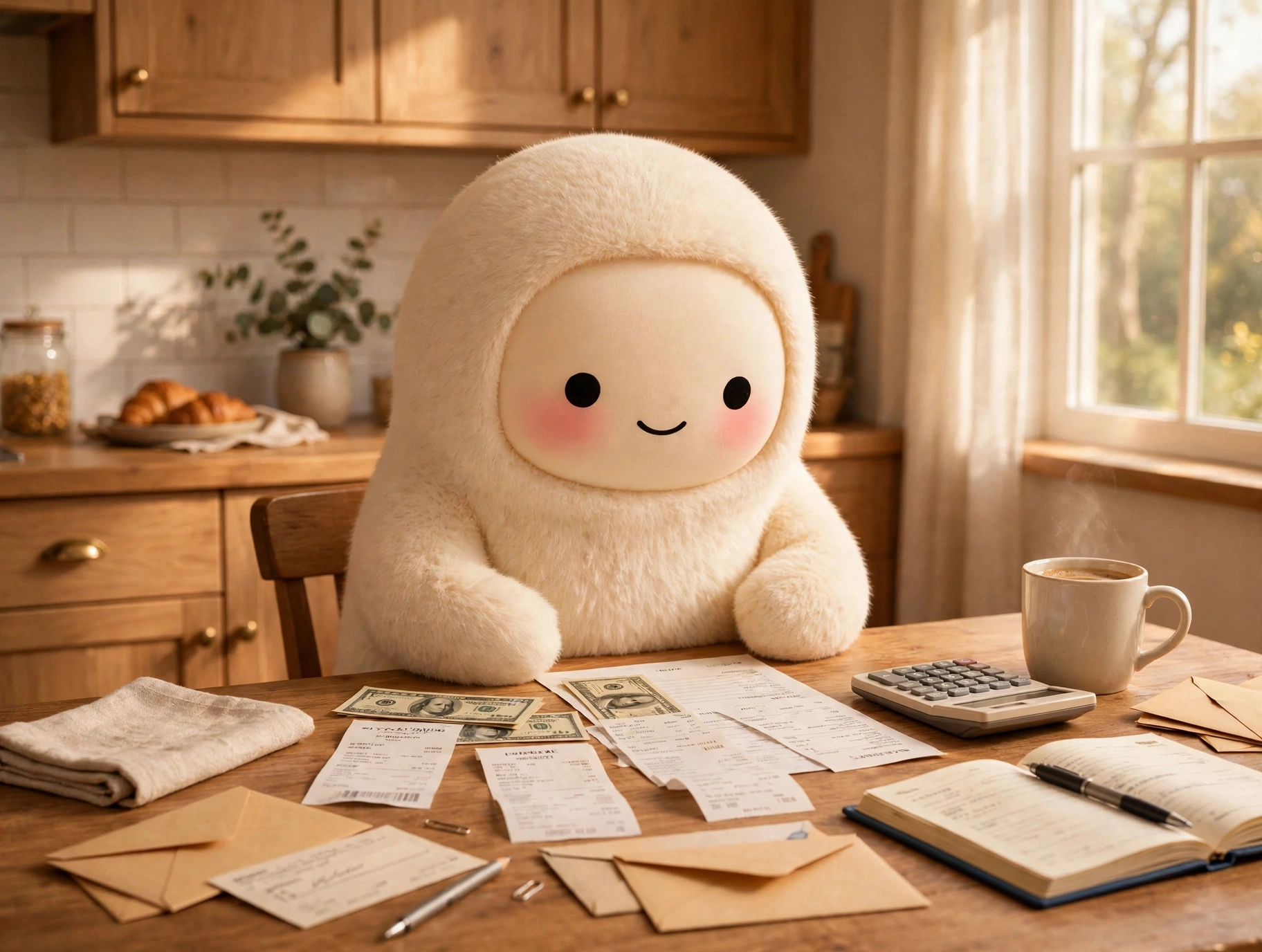 Jolly the cream-furred creature at a kitchen table reviewing paper bills and receipts with a calculator and a mug of coffee, a checkbook and envelopes nearby