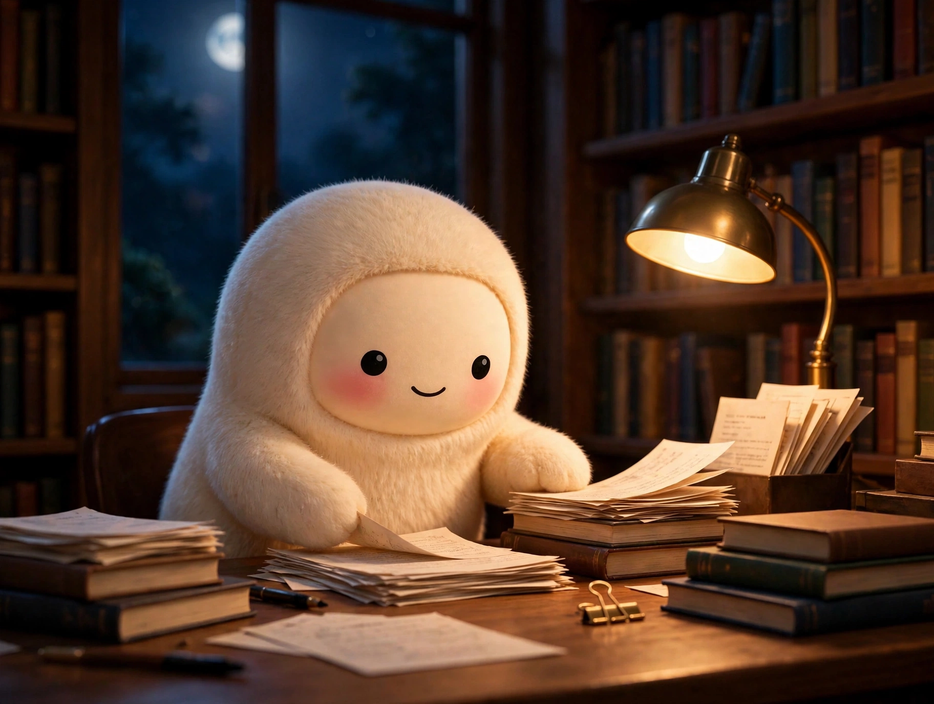 Jolly the cream-furred creature tidying a warm library study at night, sorting papers and books on a desk under a reading lamp, moonlight through tall bookshelves, soft-3D, no text