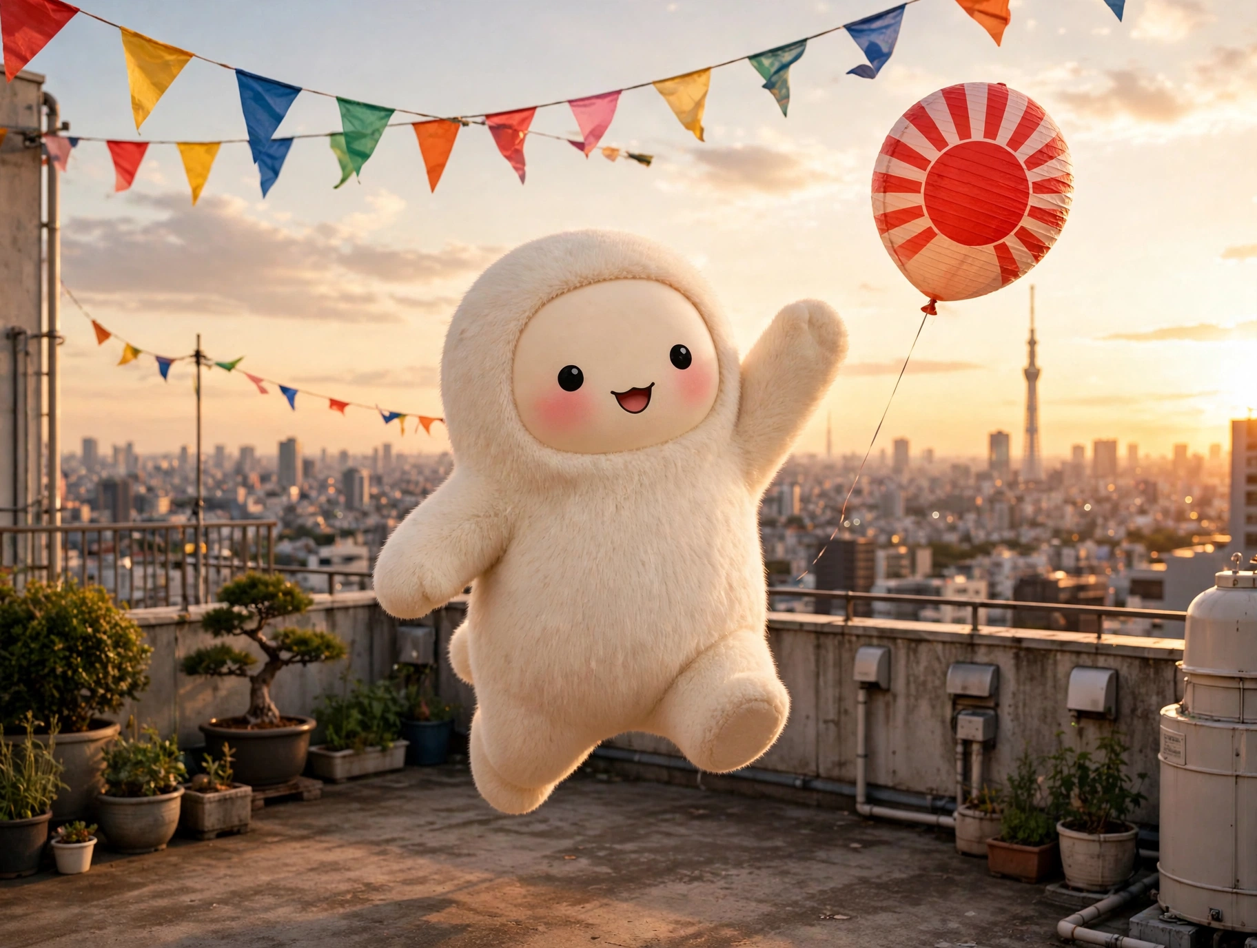 Jolly the cream-furred creature leaping joyfully on a sunlit Tokyo rooftop at golden hour, a red rising-sun paper balloon beside him, Tokyo Skytree on the horizon