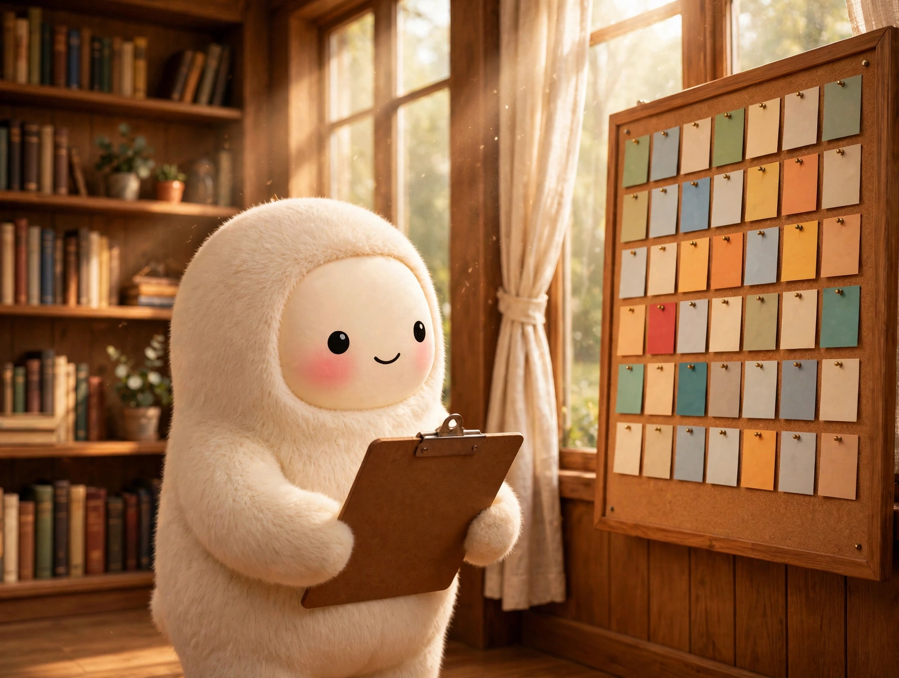 Jolly the cream-furred creature reviewing a wall chart of color-coded report cards in a warm library study, clipboard in hand, morning light through tall windows, soft-3D, no text