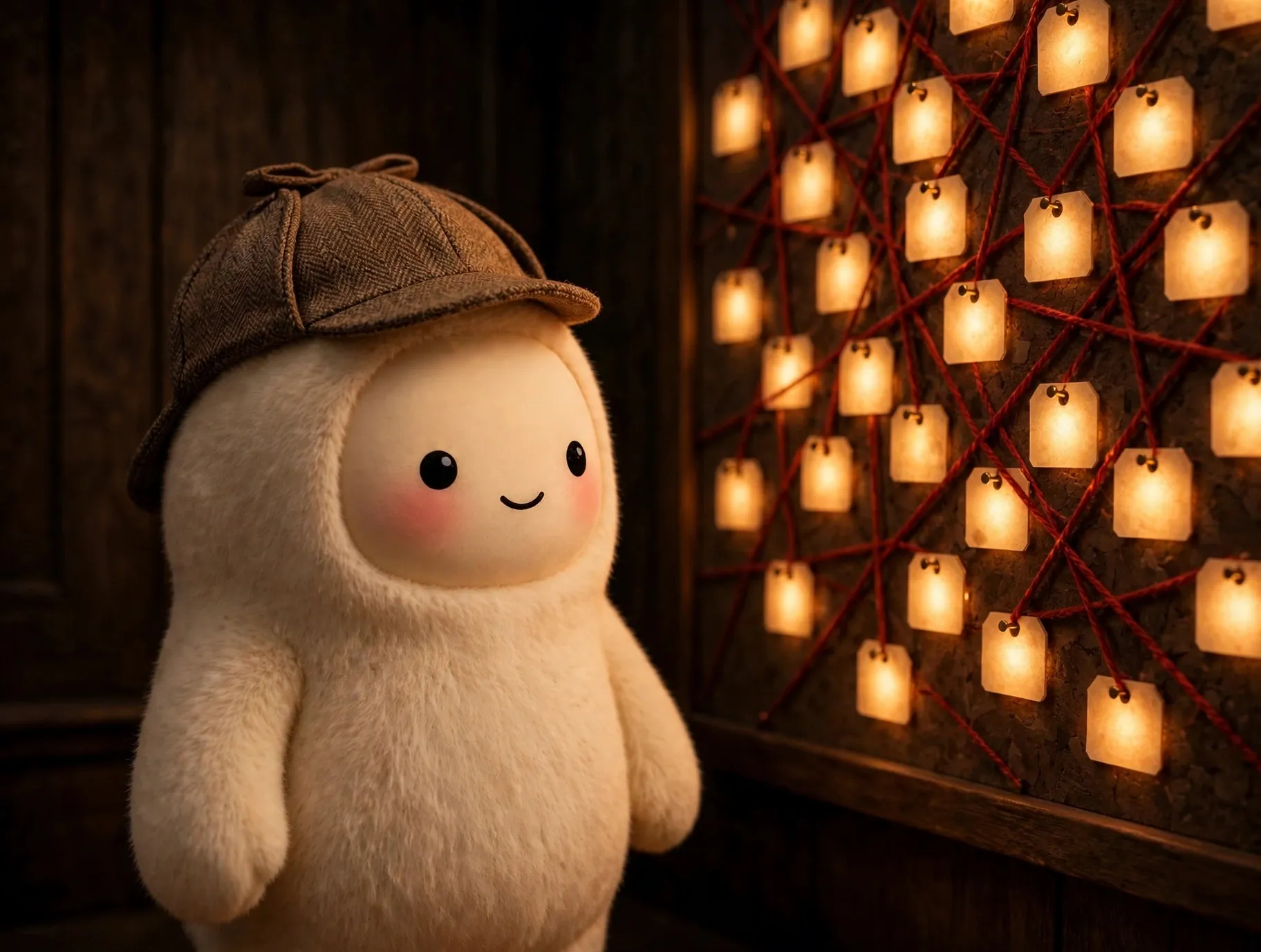 Jolly the cream-furred creature as a detective in a dim archive room, studying a wall of glowing address plaques connected by red strings