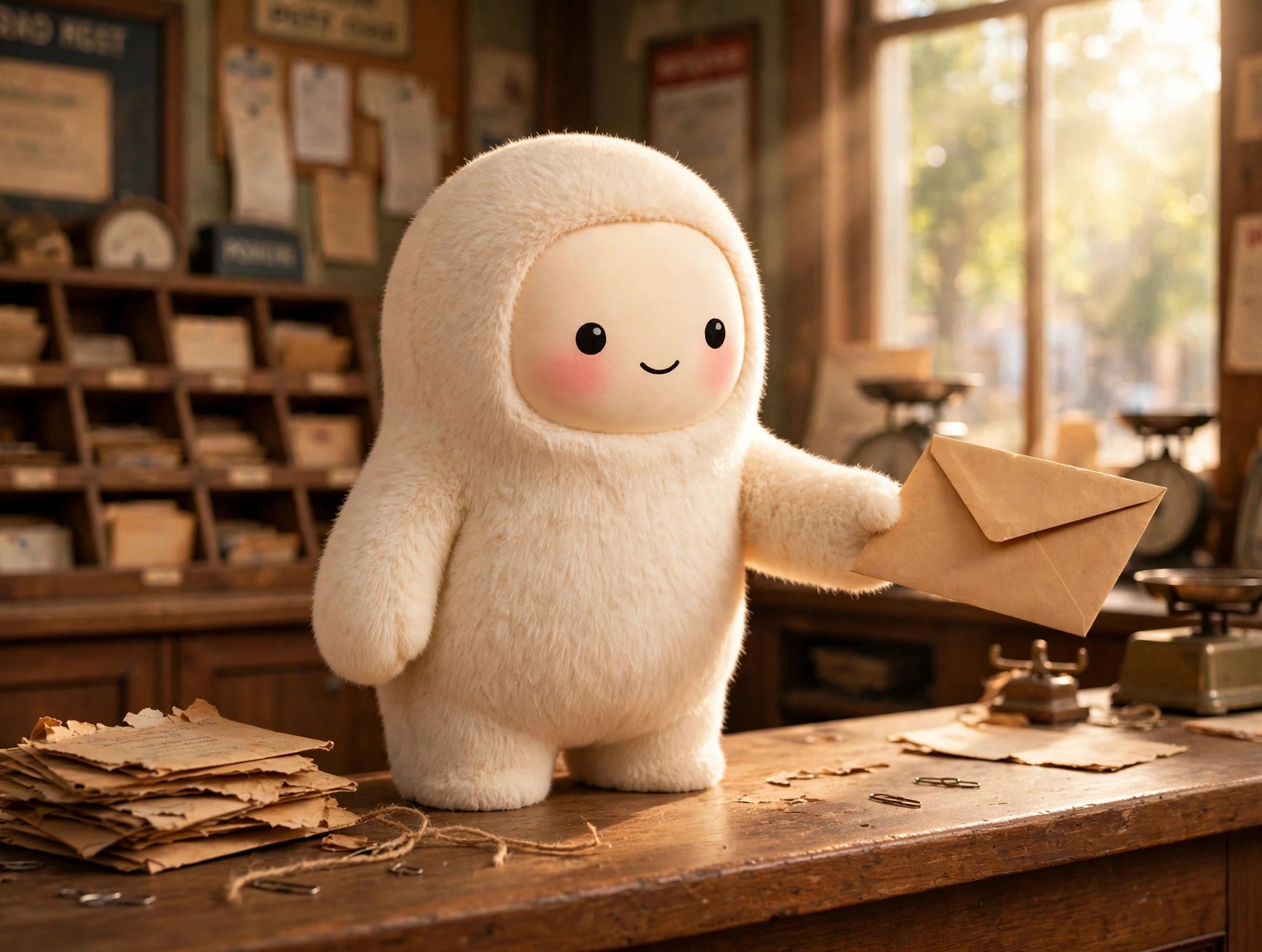 Jolly the cream-furred creature handing a freshly sealed envelope across a wooden counter in a sunlit post office, a stack of old torn envelopes beside him
