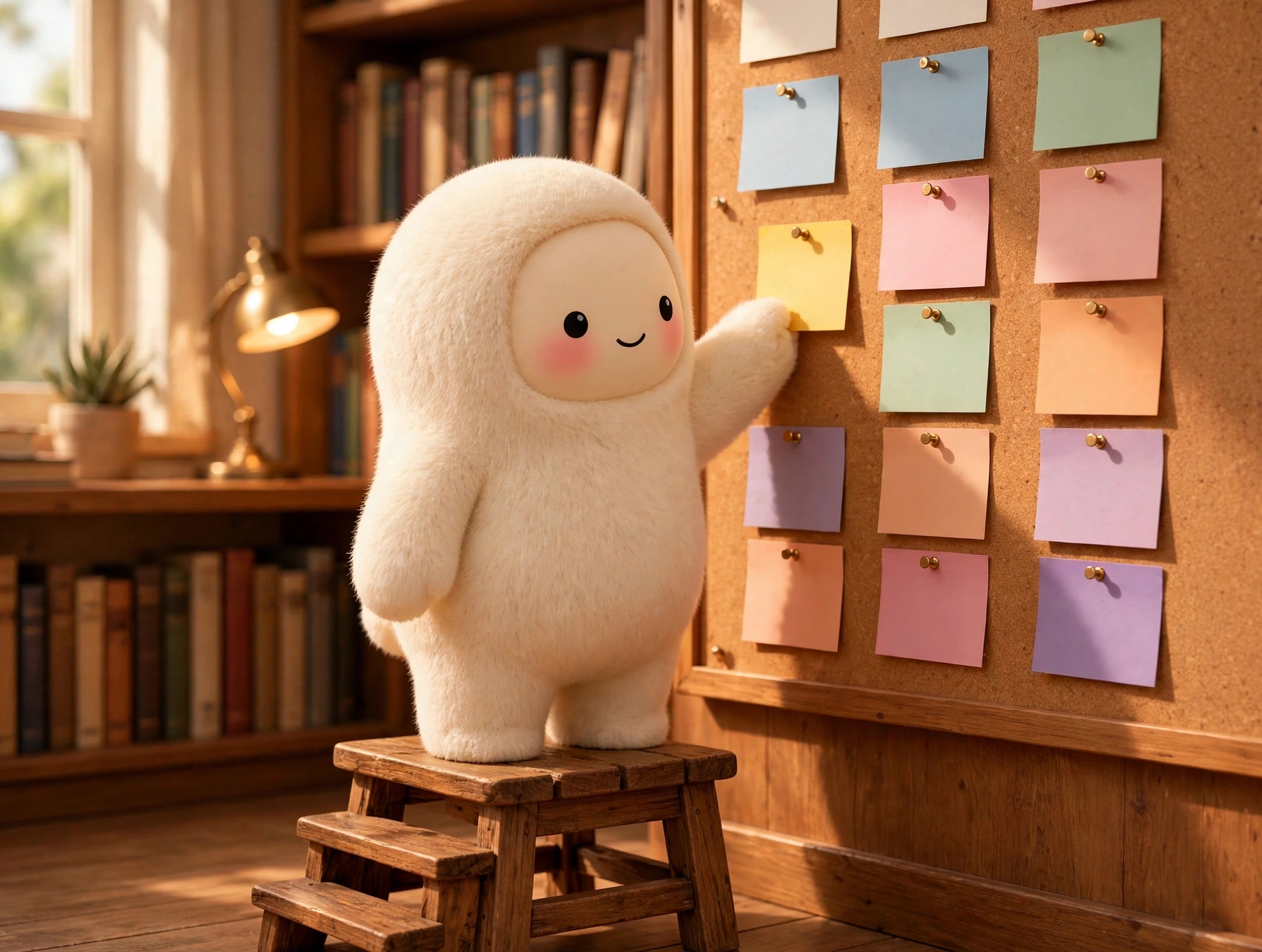 Jolly the cream-furred creature pinning colored task cards to a corkboard in a warm sunlit study