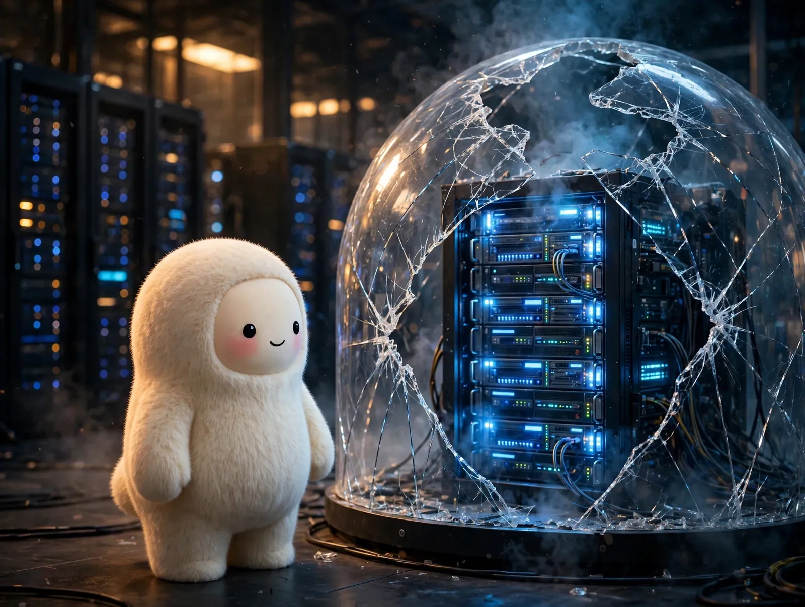 Jolly inspecting a glowing server rack behind a cracked containment dome inside a dark data center