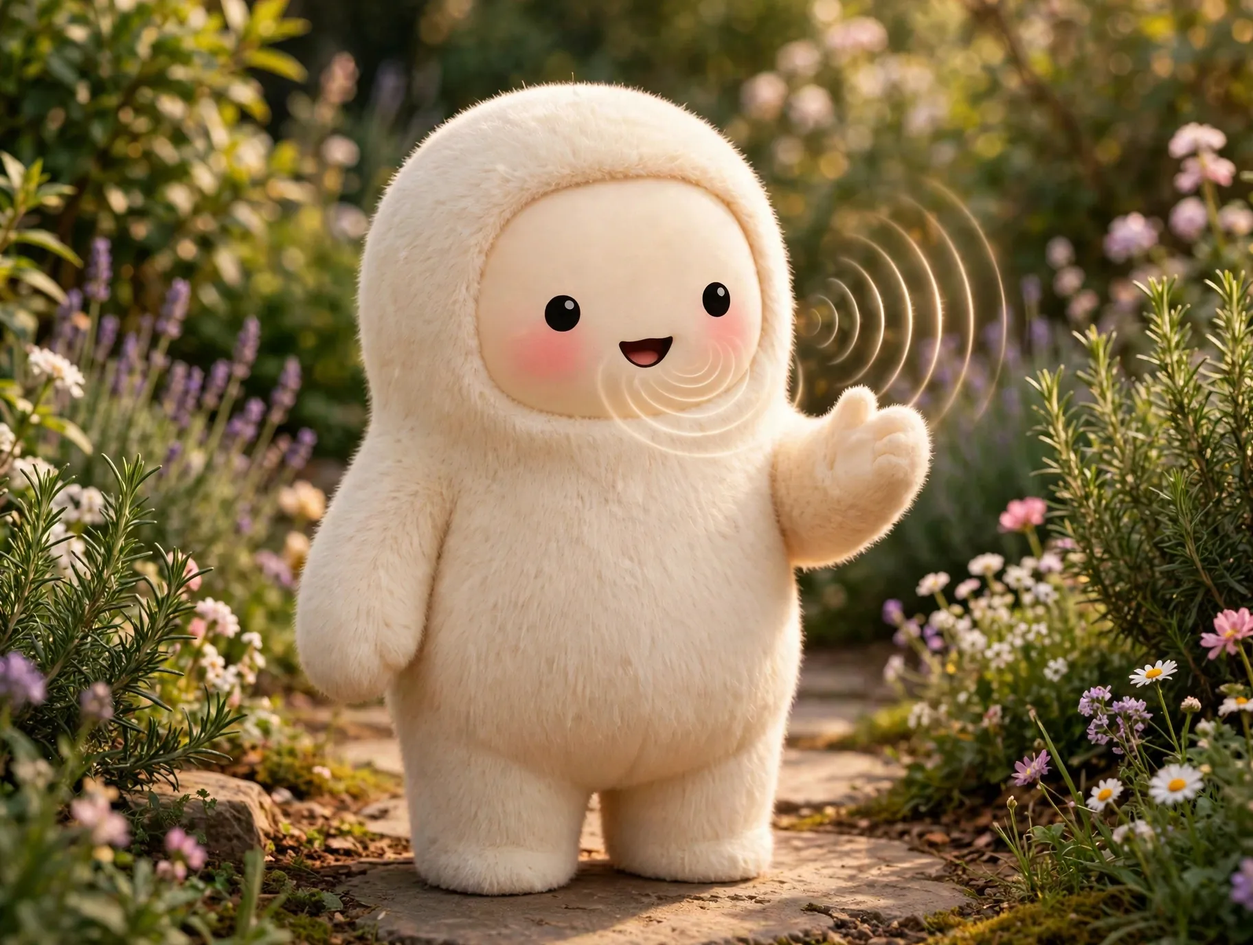 Jolly the cream-furred creature mid-conversation on a sunlit garden path, soft sound ripples in the air around him