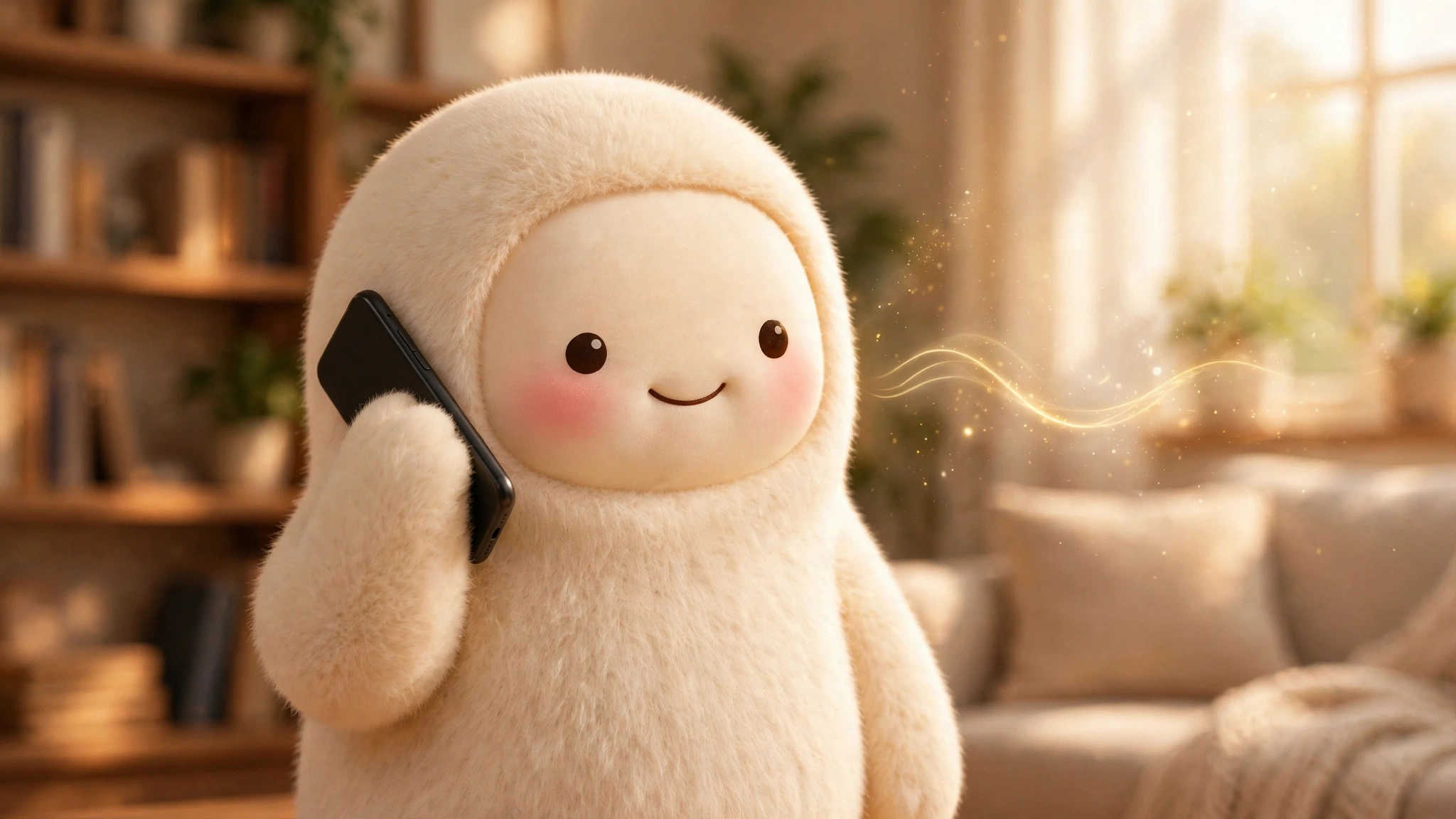 Jolly the cream-furred creature talking on a smartphone with soft sound waves in the air, in a warm sunlit room