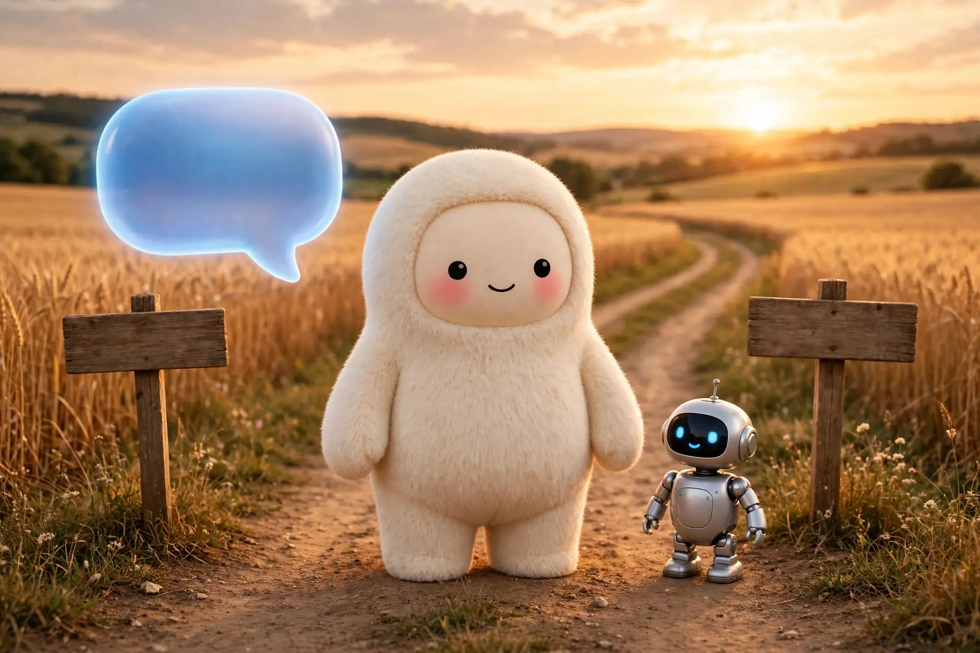 Jolly standing between a chat bubble and a small robot assistant at a crossroads sign
