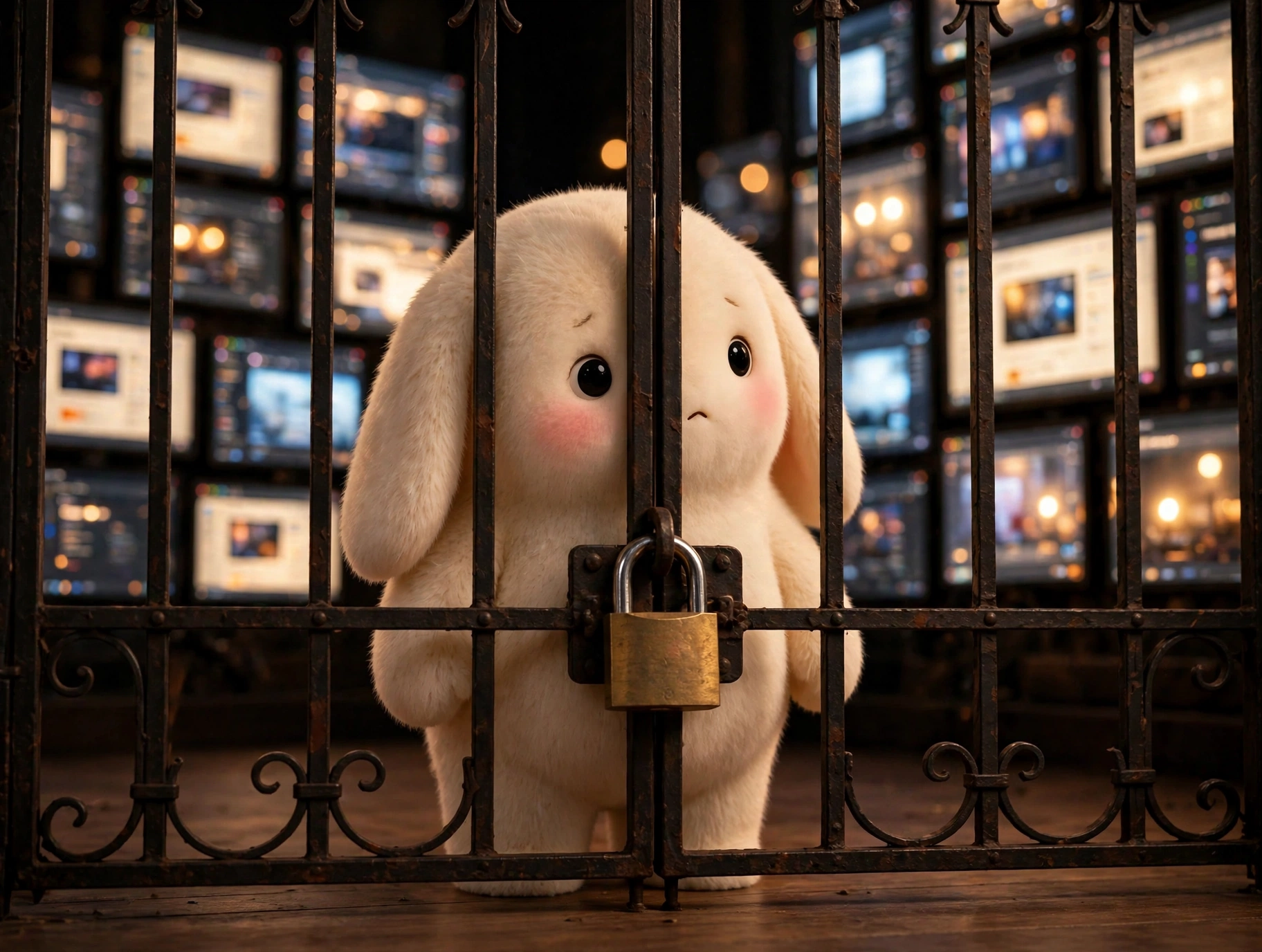 Jolly peering at a locked gate in a wall of website windows, warm light