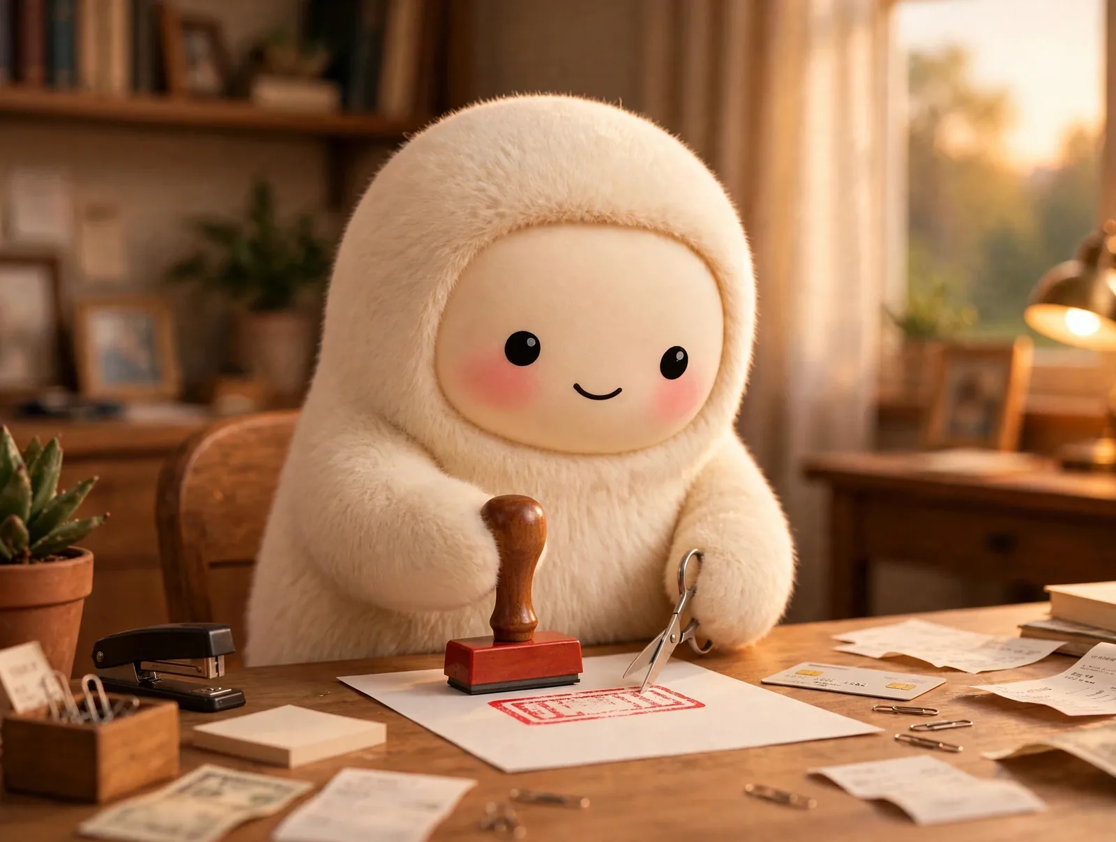 Jolly at a desk stamping a subscription bill cancelled while cutting up papers in a sunlit home office