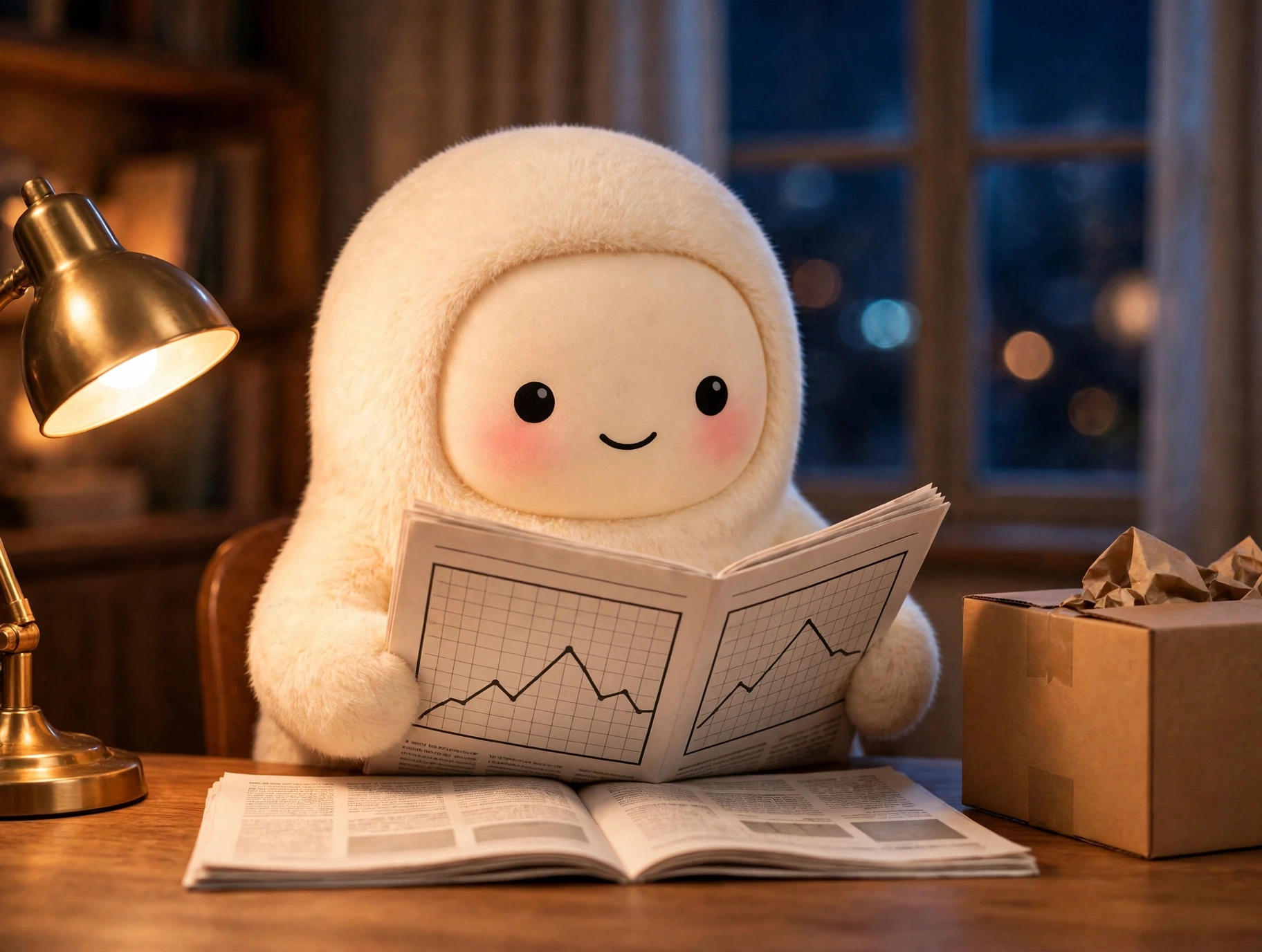 Jolly at a desk reading a newspaper next to a package box, warm light