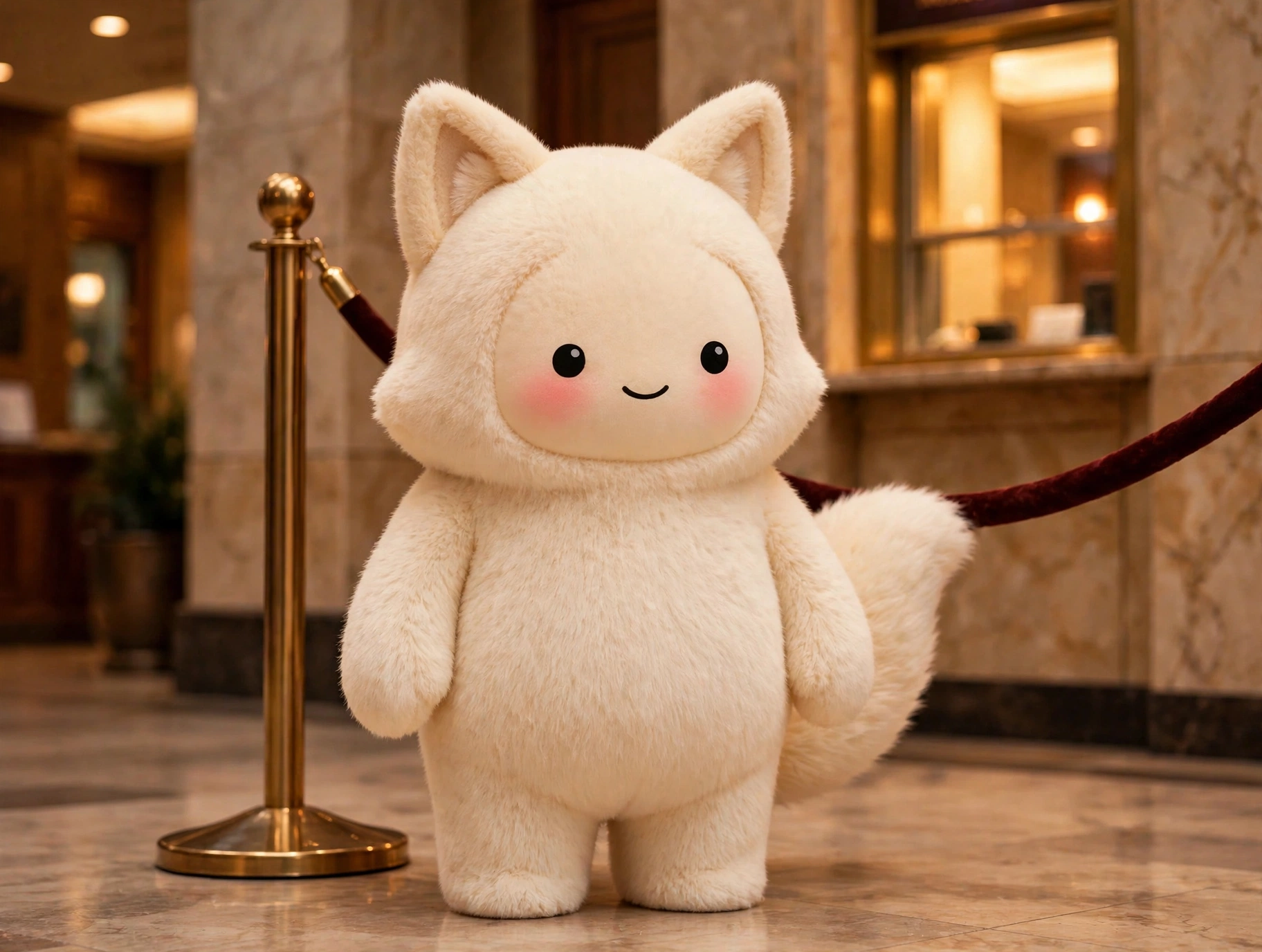 Jolly the plush mascot standing outside a velvet-rope barrier in a warm bank lobby, with a glowing teller window behind it