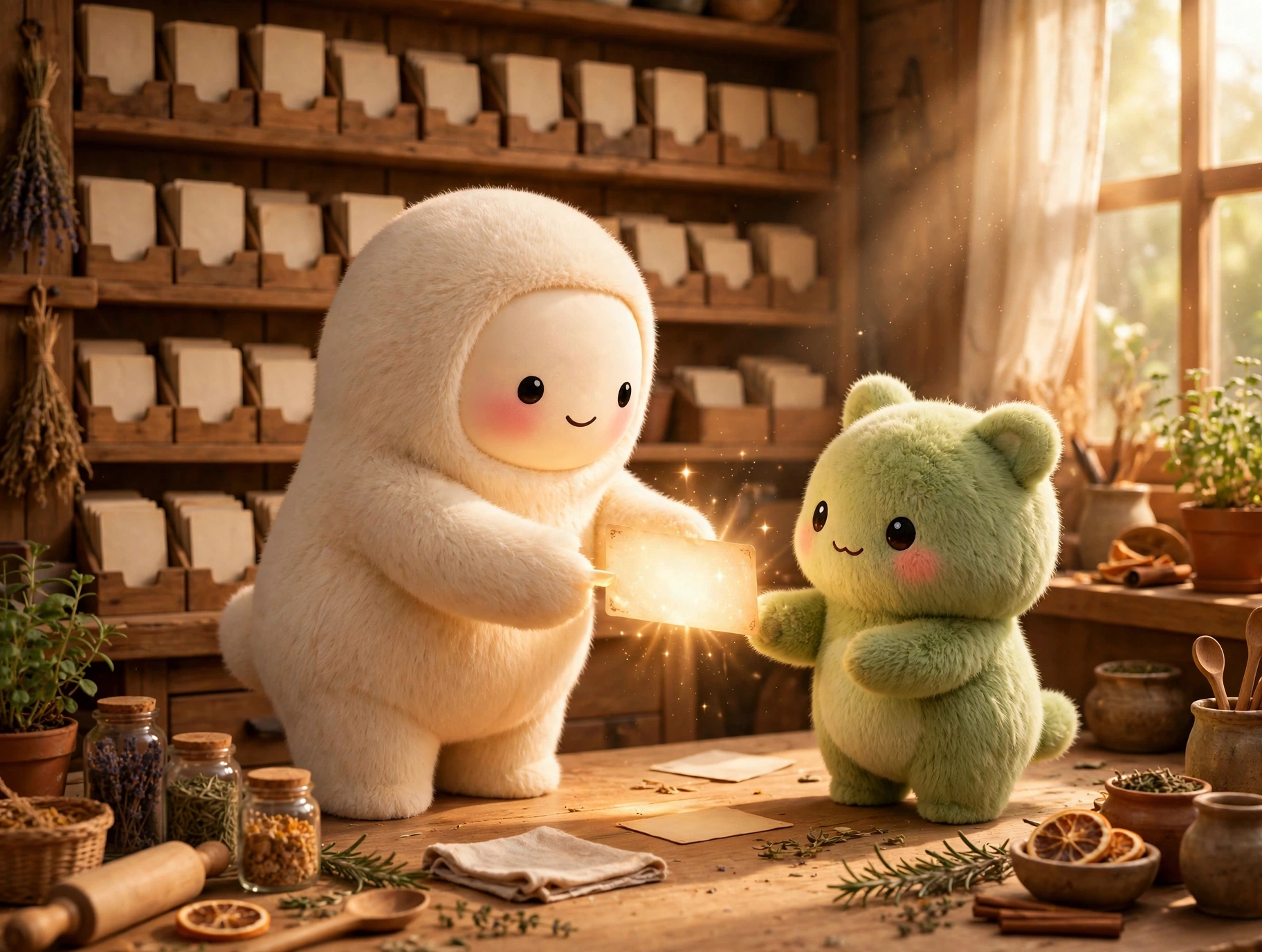 Jolly the cream-furred creature handing a glowing recipe card to a second creature in a warm sunlit workshop
