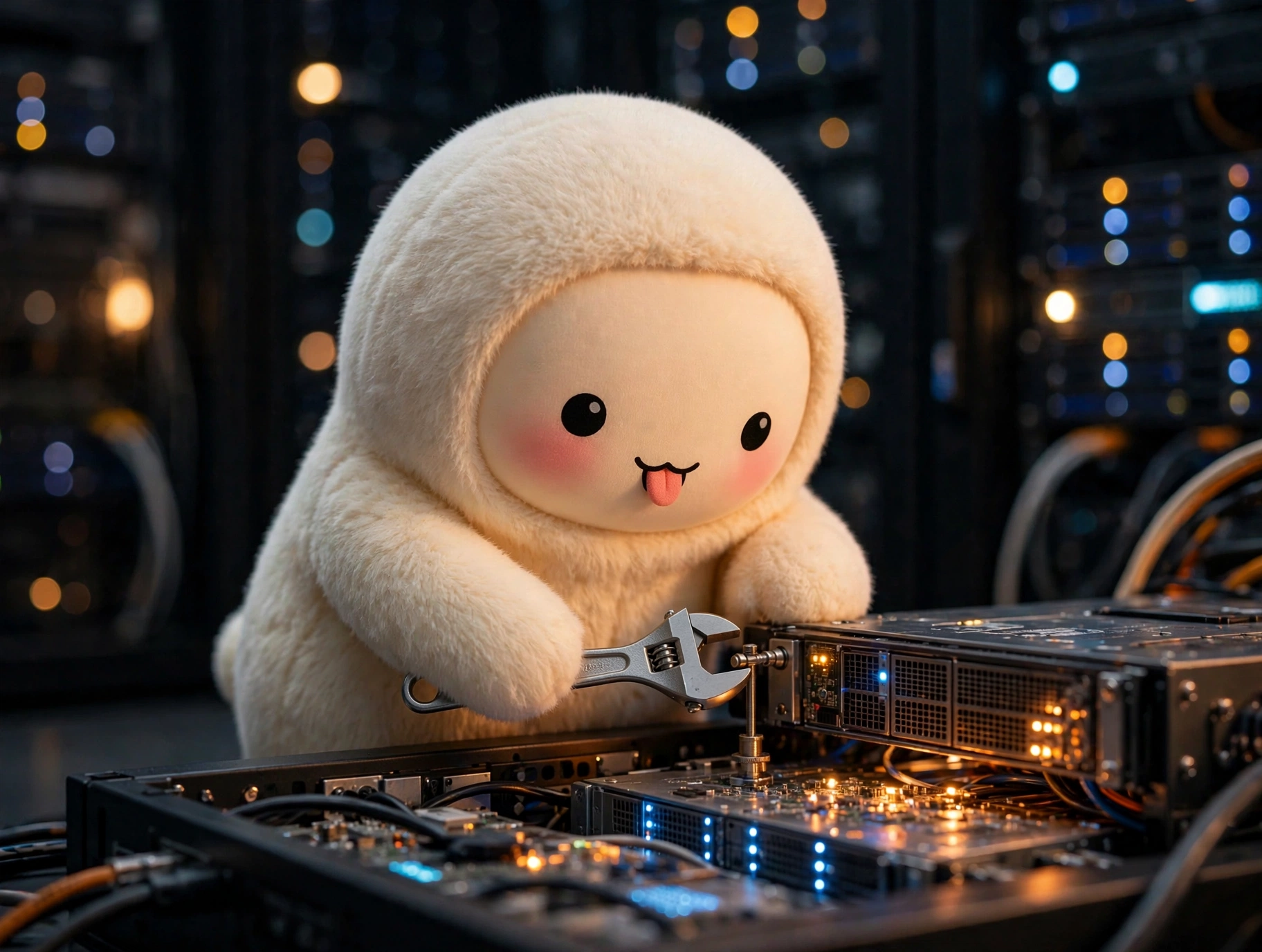 Jolly the plush mascot hunched over a glowing server console, turning a wrench like a mechanic mid-repair