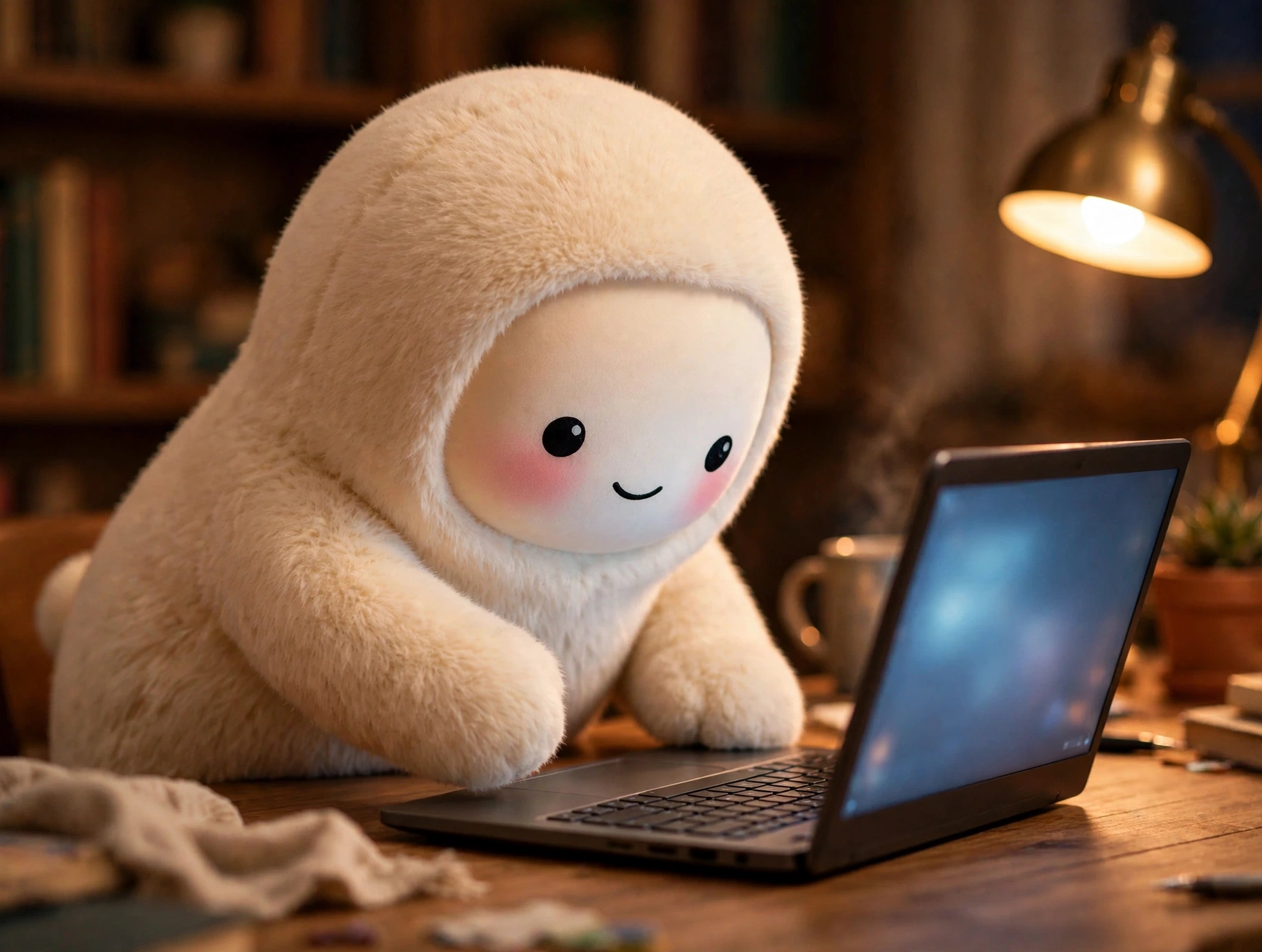 Jolly the plush mascot leaning over a laptop screen, inspecting it closely