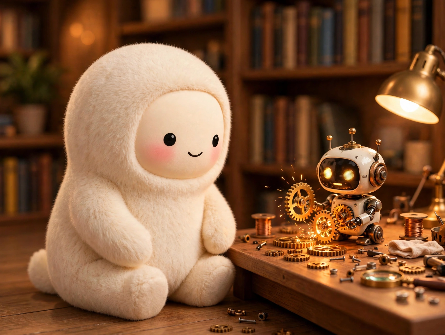 Jolly curiously watching a small robot tinker with glowing gears