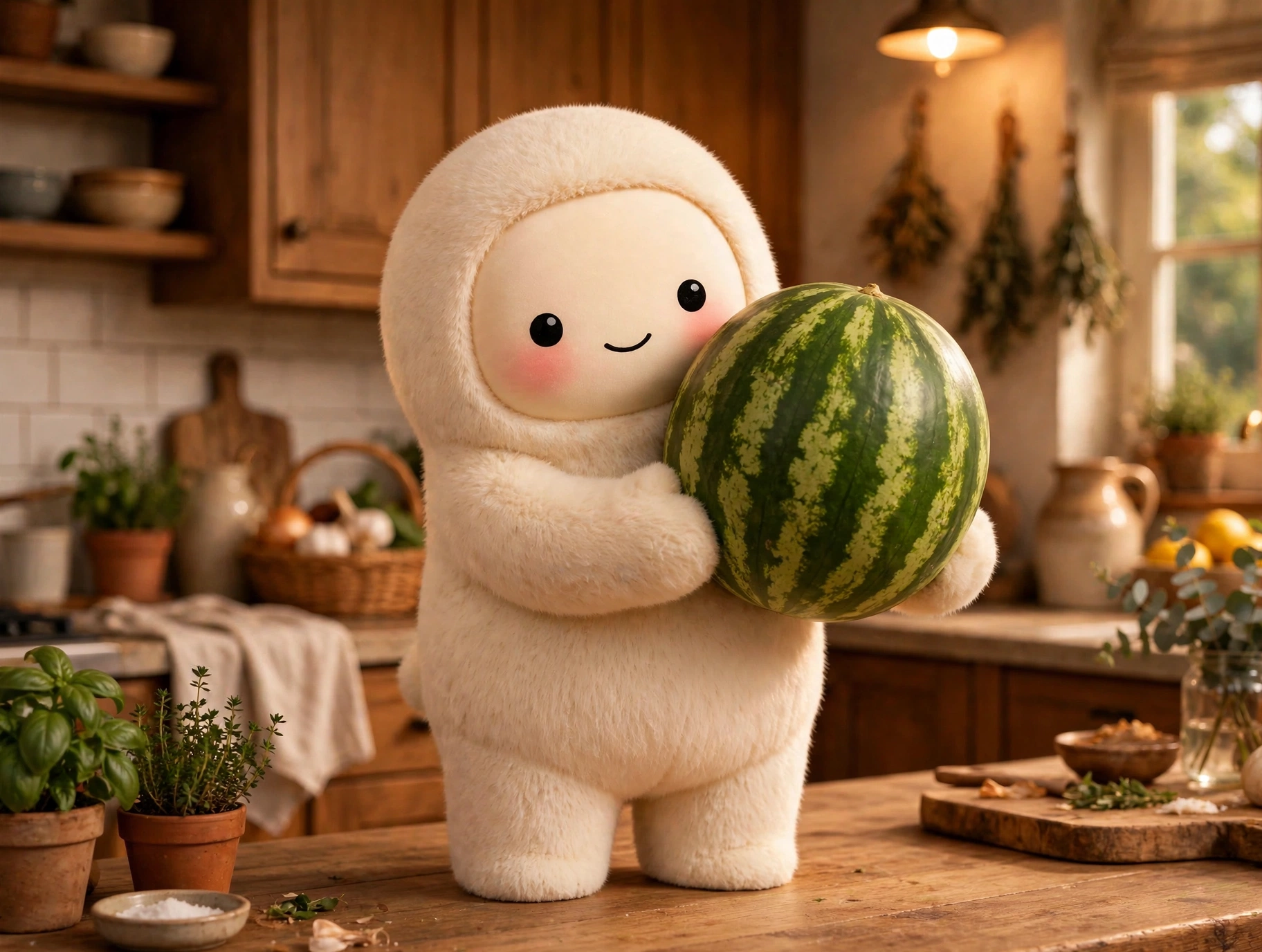 Jolly the plush mascot proudly presenting a whole striped watermelon in a warm kitchen