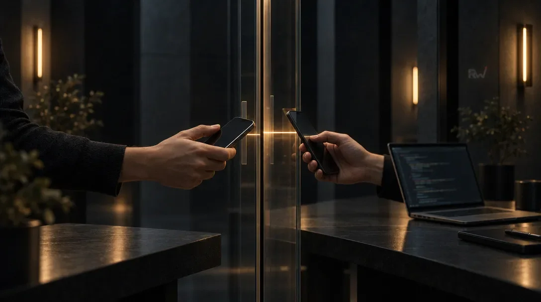 Two hands holding phones toward each other, an illustration of person-to-person connection